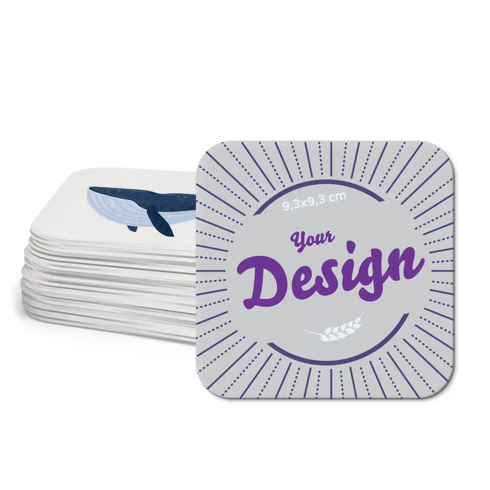 Square drink coaster featuring a whale illustration and a design area, measuring 9.3 x 9.3 cm.