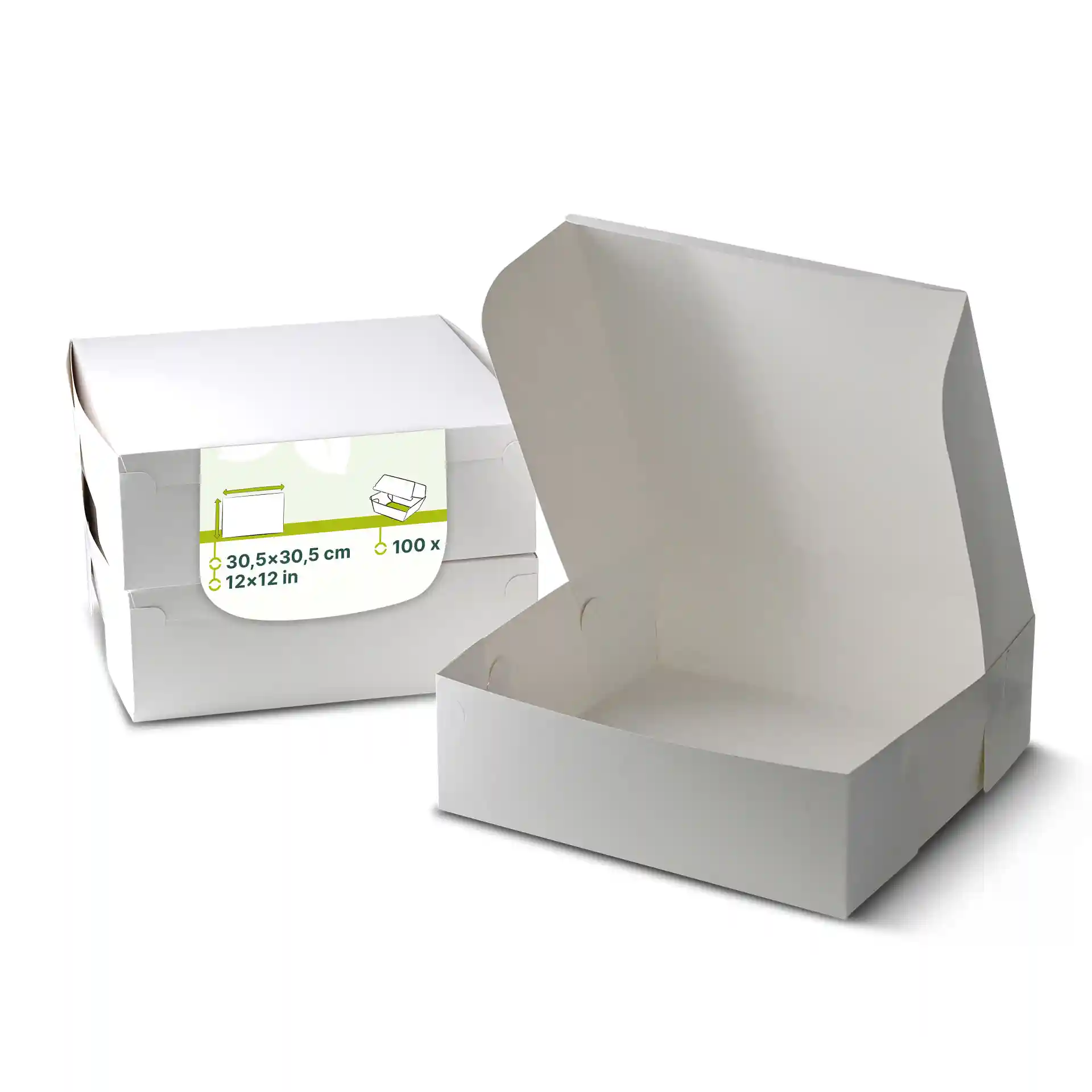 Weiße Kuchenbox mit offenem Deckel, Maße 30,5 x 30,5 x 10 cm, zeigt ein Etikett mit Produktdetails.