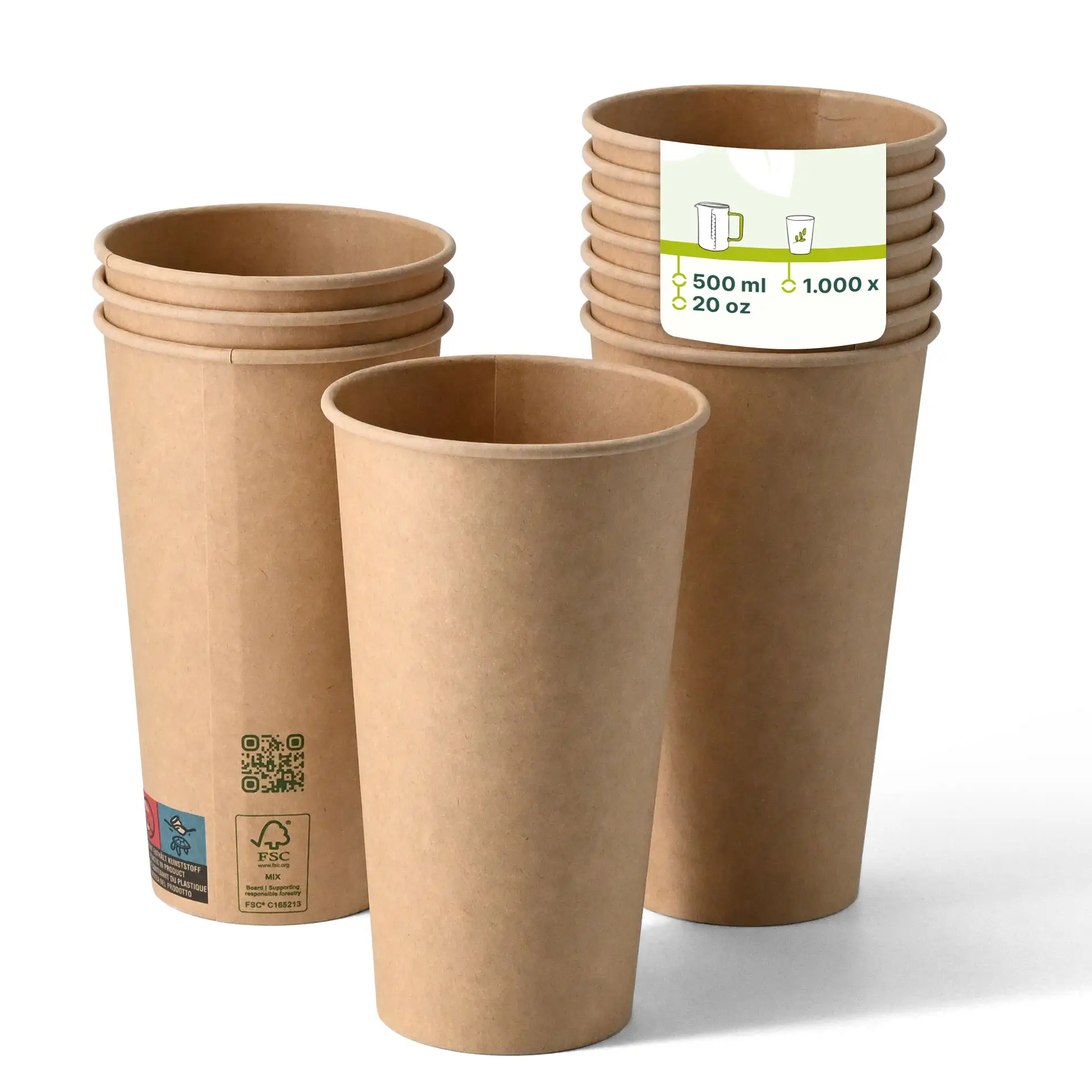 Single-wall brown paper cups with PLA coating, 500 ml, suitable for hot and cold drinks, stacked with labels visible.