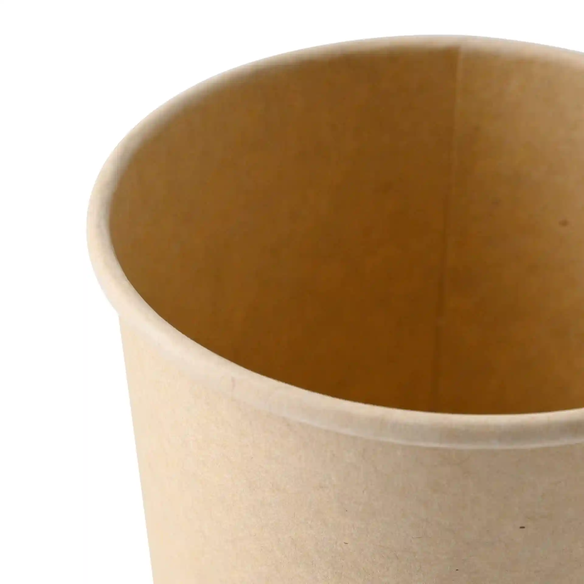 Brauner Pappbehälter für Takeaway-Suppe mit runder Form und einer Höhe von 90 mm.