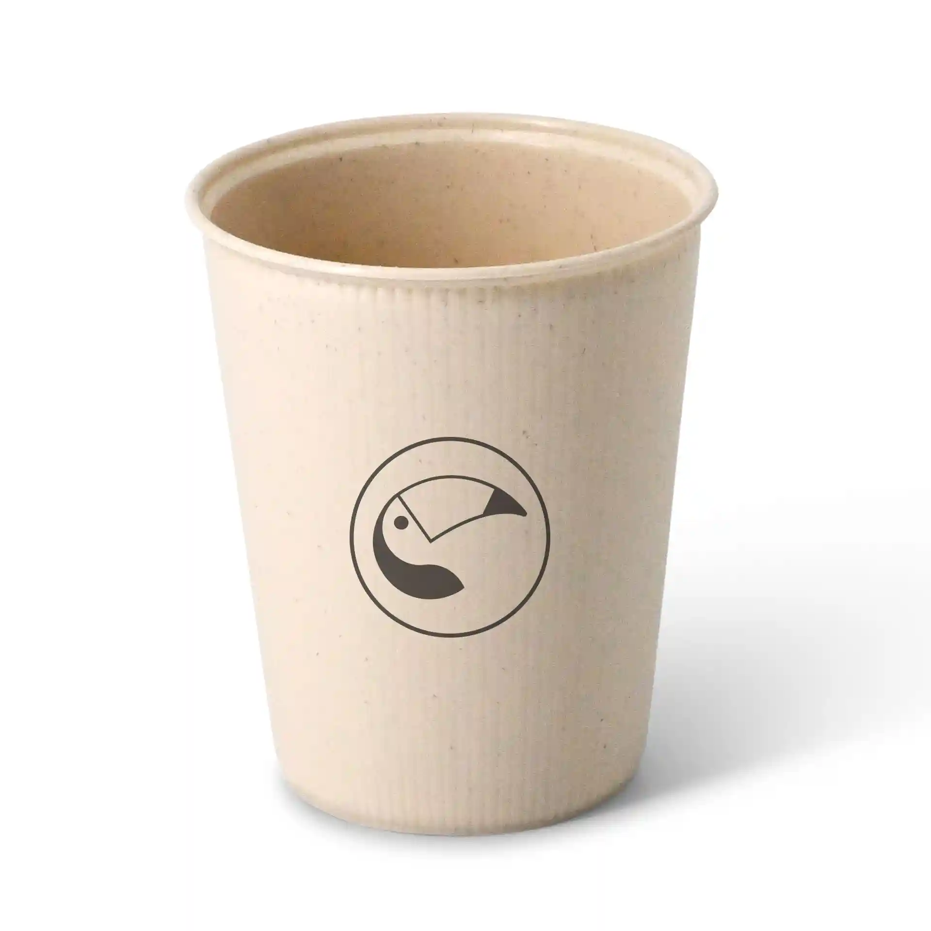 Beige reusable cup with a ripple design, featuring a circular toucan logo, 250 ml capacity.