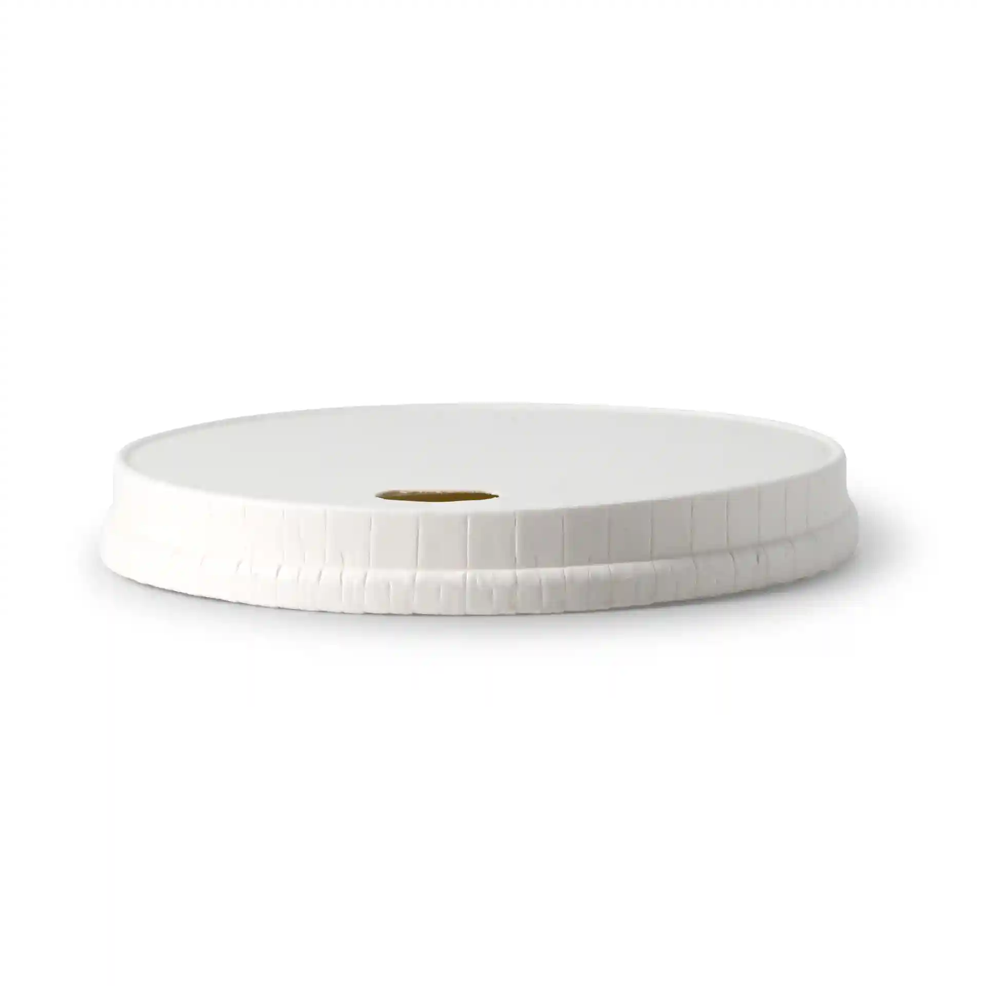 White paper lid with a drink opening, 80 mm diameter, 10 mm height, featuring a textured edge.
