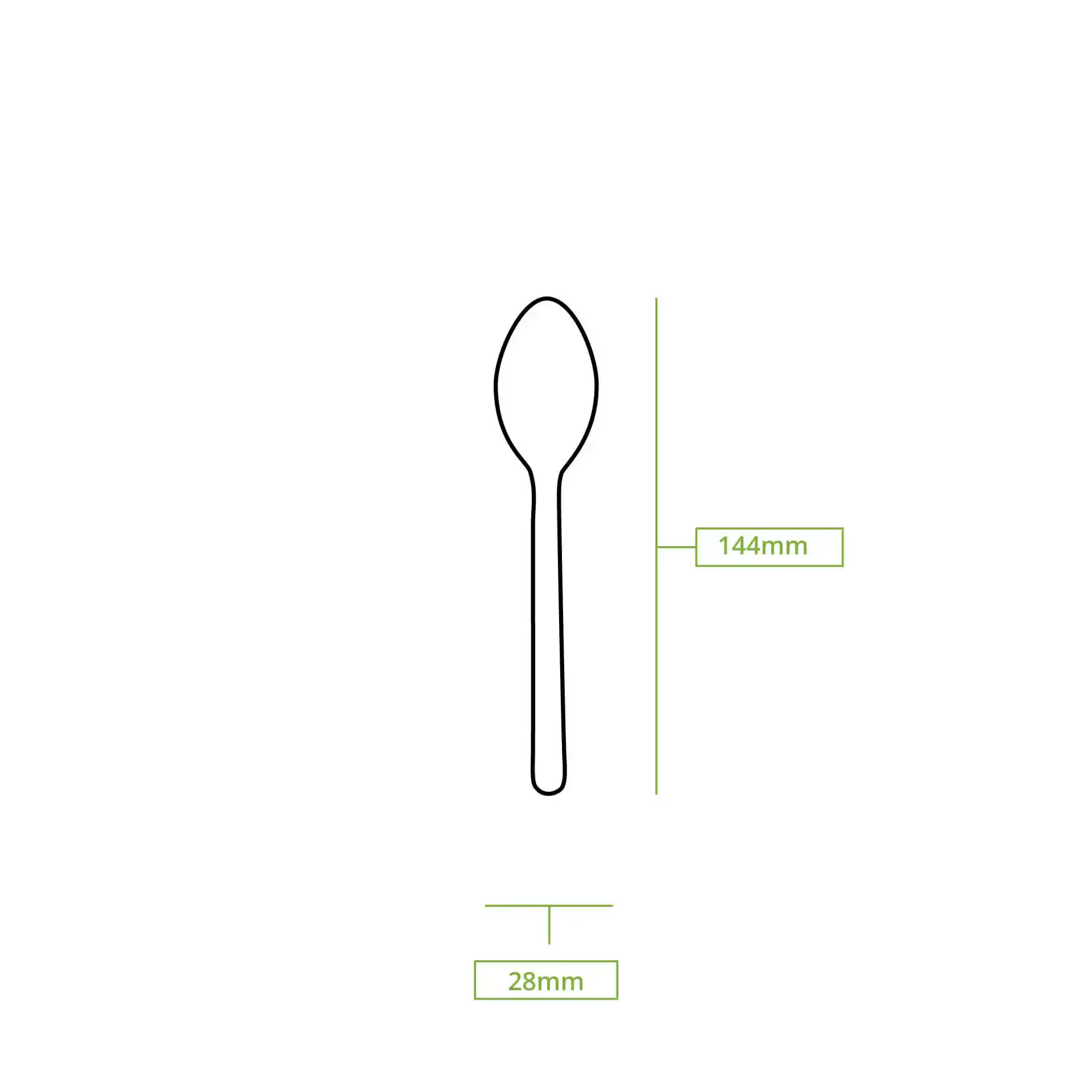 Schematic drawing of a wooden spoon with dimensions of 144 mm in length and 28 mm in width.