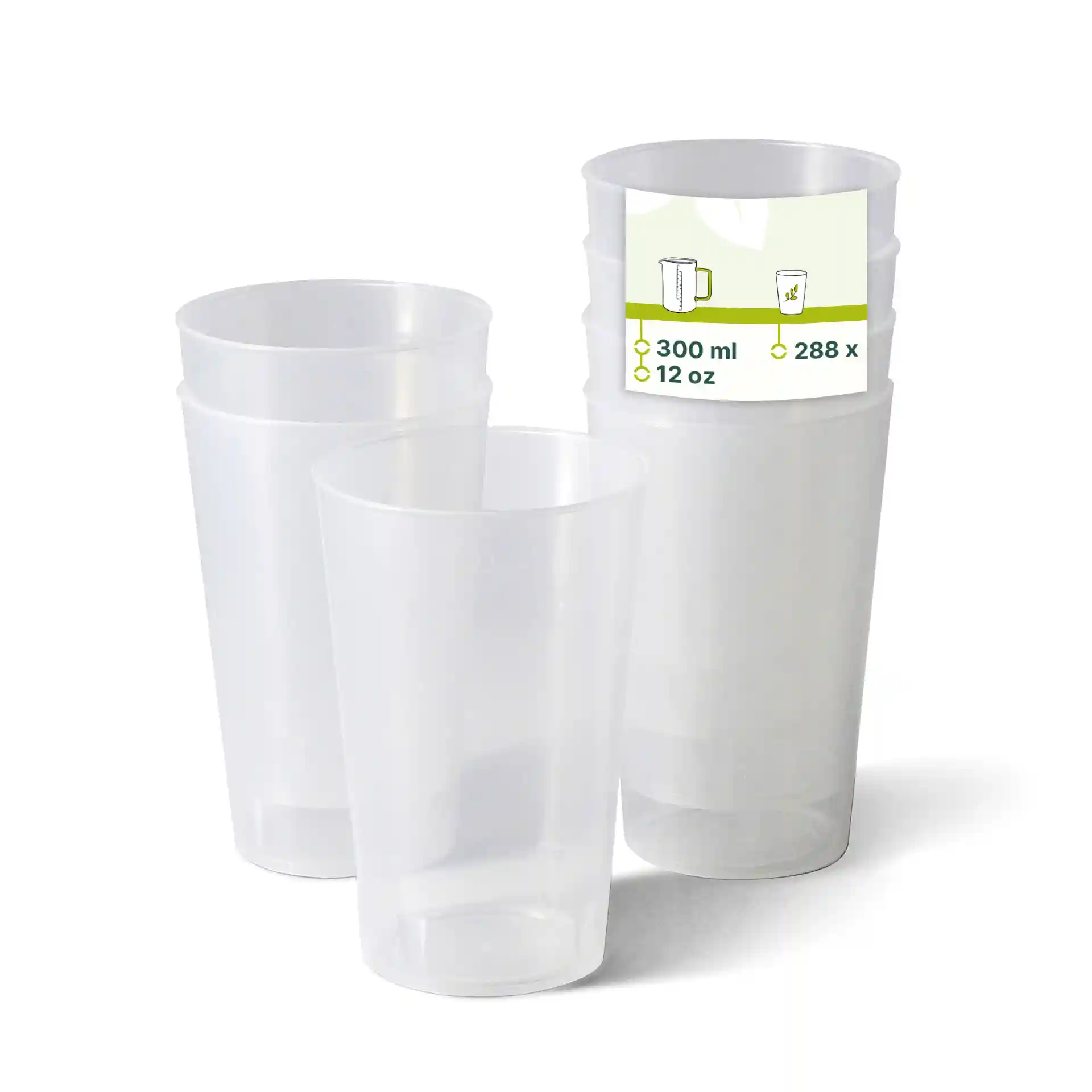 Transparent reusable cups stacked together, with one cup partially visible and a label showing capacity details.