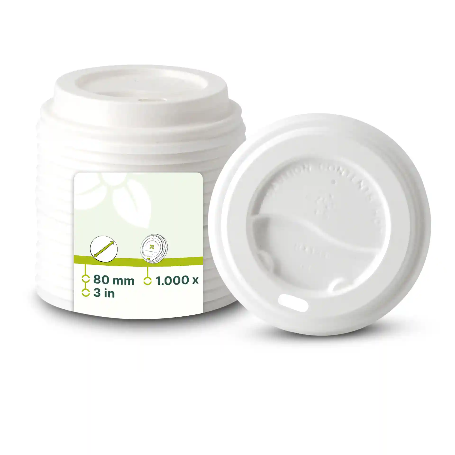 White PS lid with a diameter of 80 mm, featuring a drinking hole and stacked with multiple similar lids.