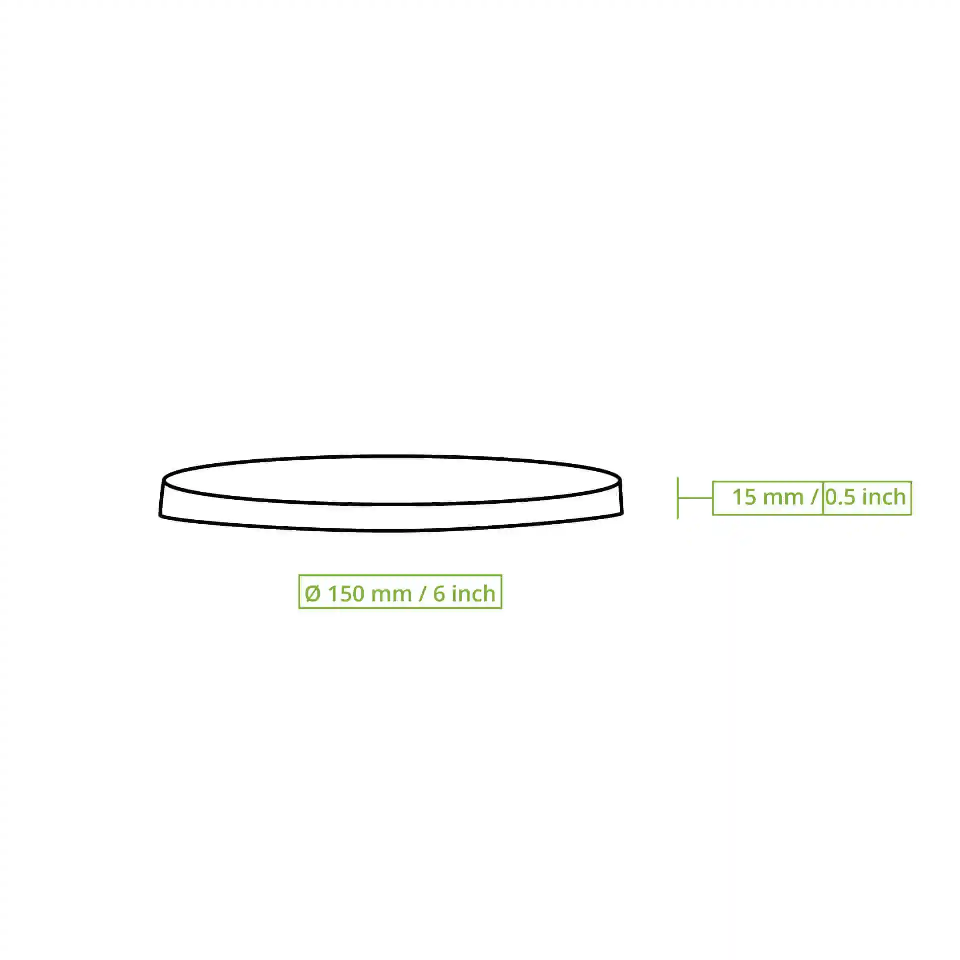 Schematische Zeichnung eines runden Deckels mit einem Durchmesser von 150 mm und einer Höhe von 15 mm.