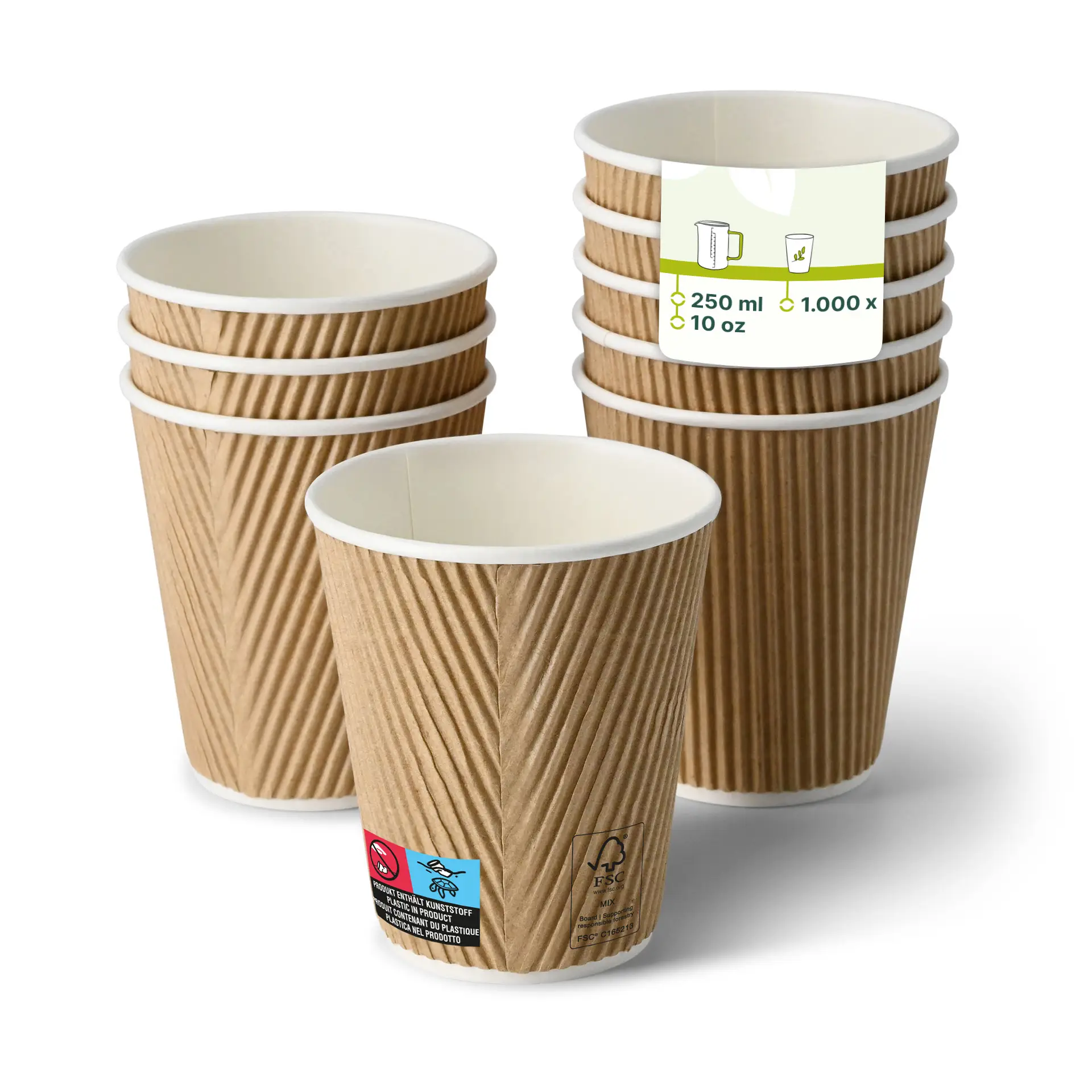Ripple coffee cups in brown with white interior; stack of five with a visible label. Each cup holds 250 ml (10 oz).
