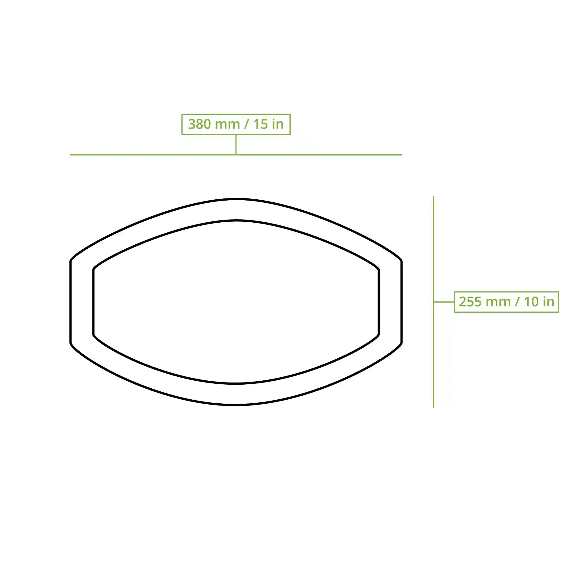 Schematische Zeichnung eines rechteckigen Palmblatt-Tabletts mit den Abmessungen 380 mm x 255 mm.