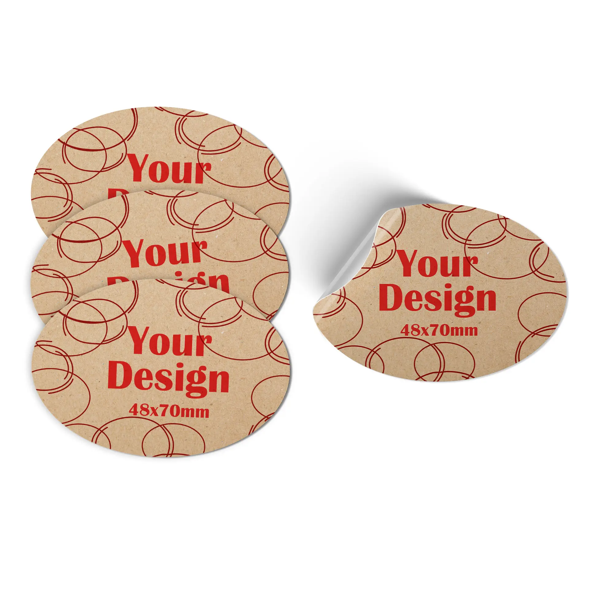 Circular brown sticker with a green toucan design and measurements of 70x48 mm.