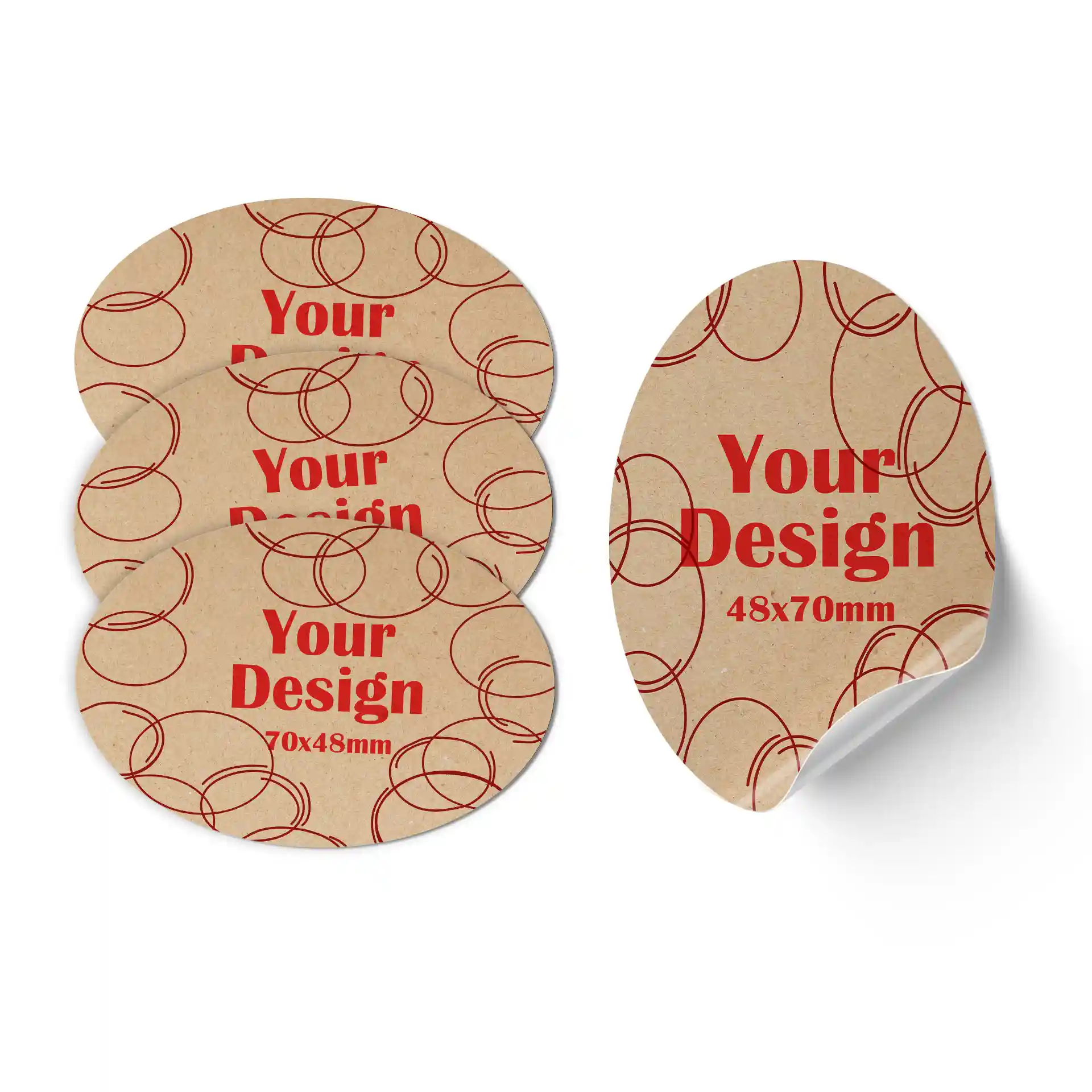 Oval printed labels on brown matte kraft paper, featuring red text and circular designs, measuring 48 x 70 mm.