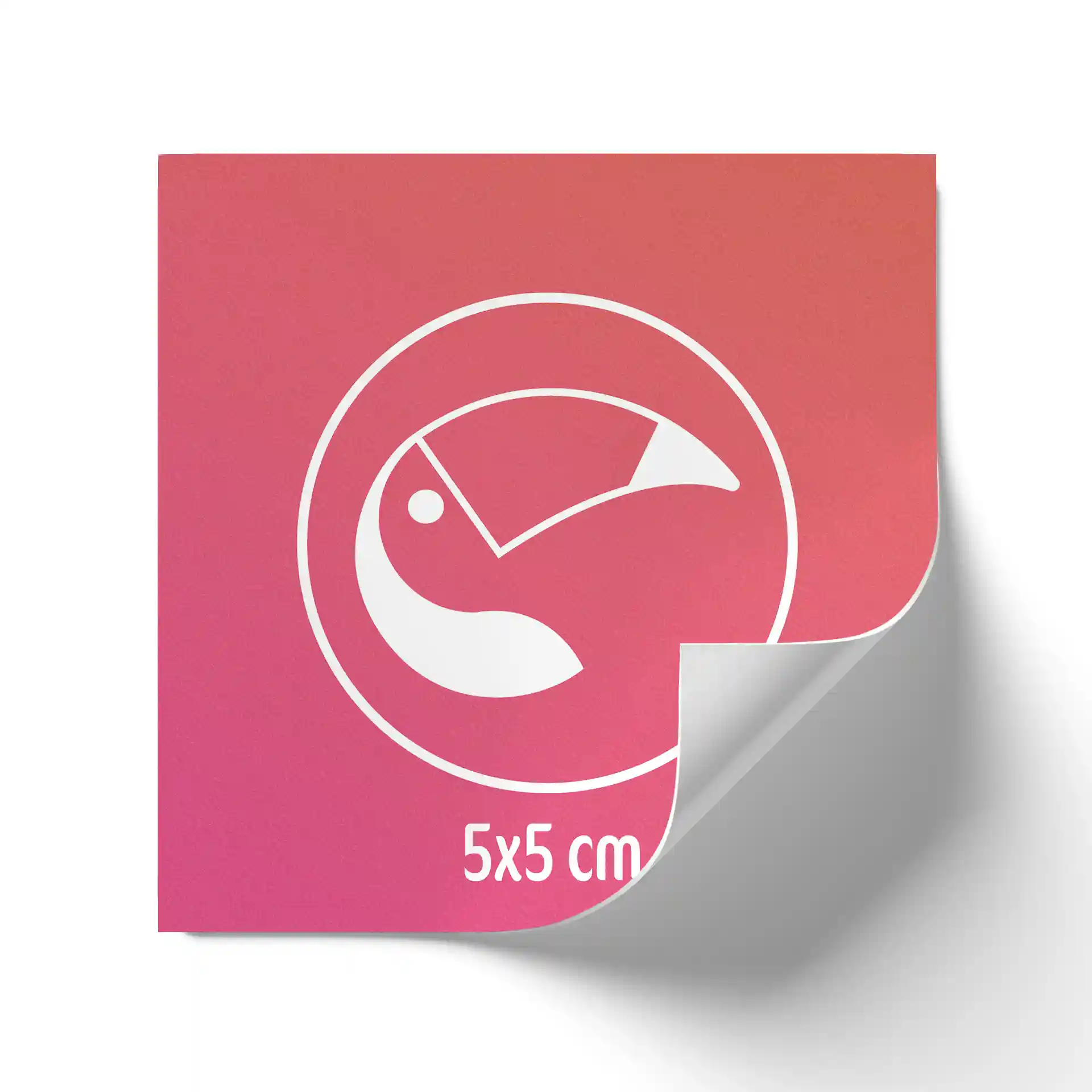 Square label with a pink gradient background and a white toucan design, measuring 5 x 5 cm.