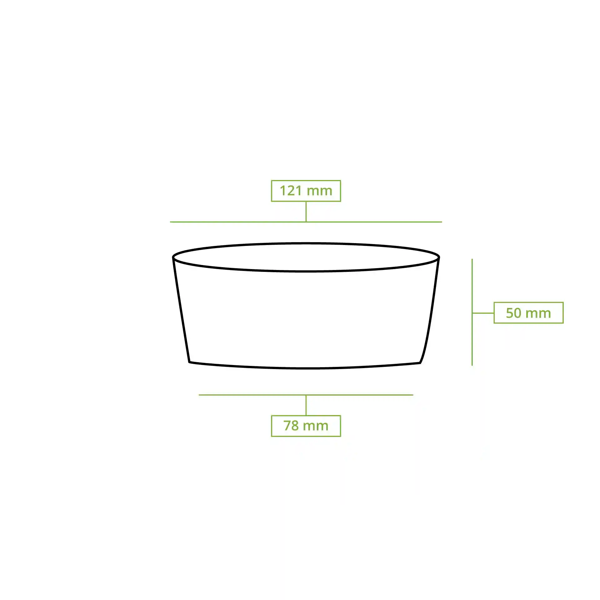 Schematic drawing of a round deli container with dimensions: 121 mm diameter, 50 mm height, and 78 mm bottom diameter.