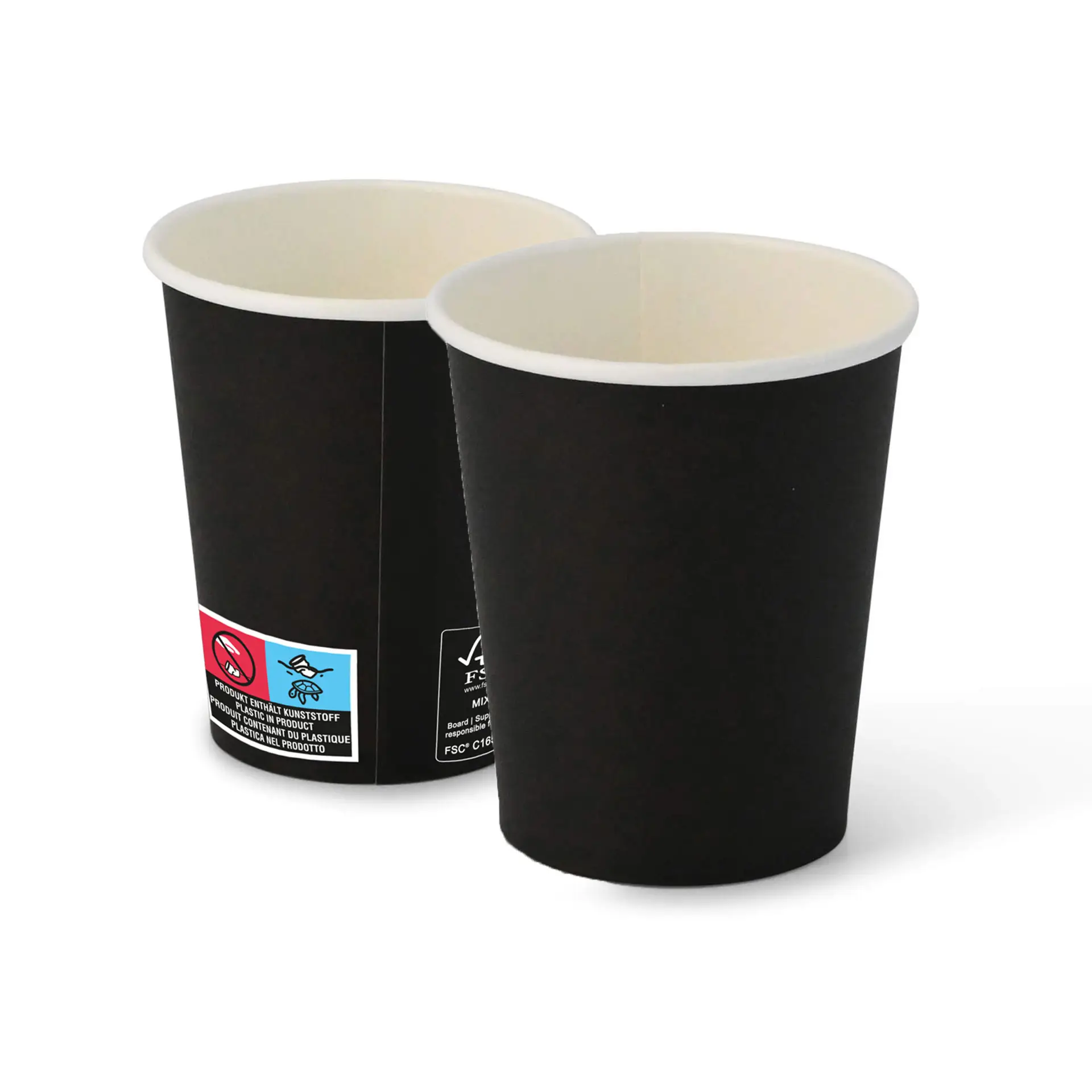 Two black 8 oz paper cups with a PE coating, showcasing a classic design; one cup is at full opacity.