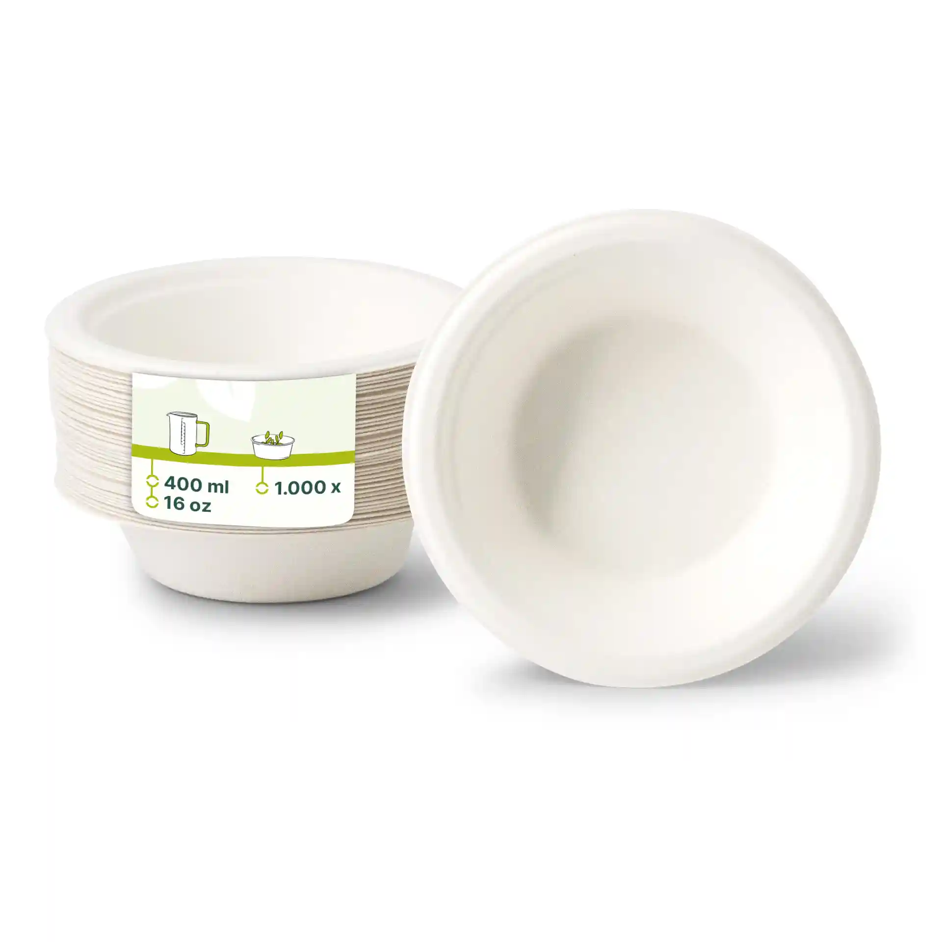 Round sugarcane bowls in white, 400 ml capacity, with a label showing dimensions and quantity.