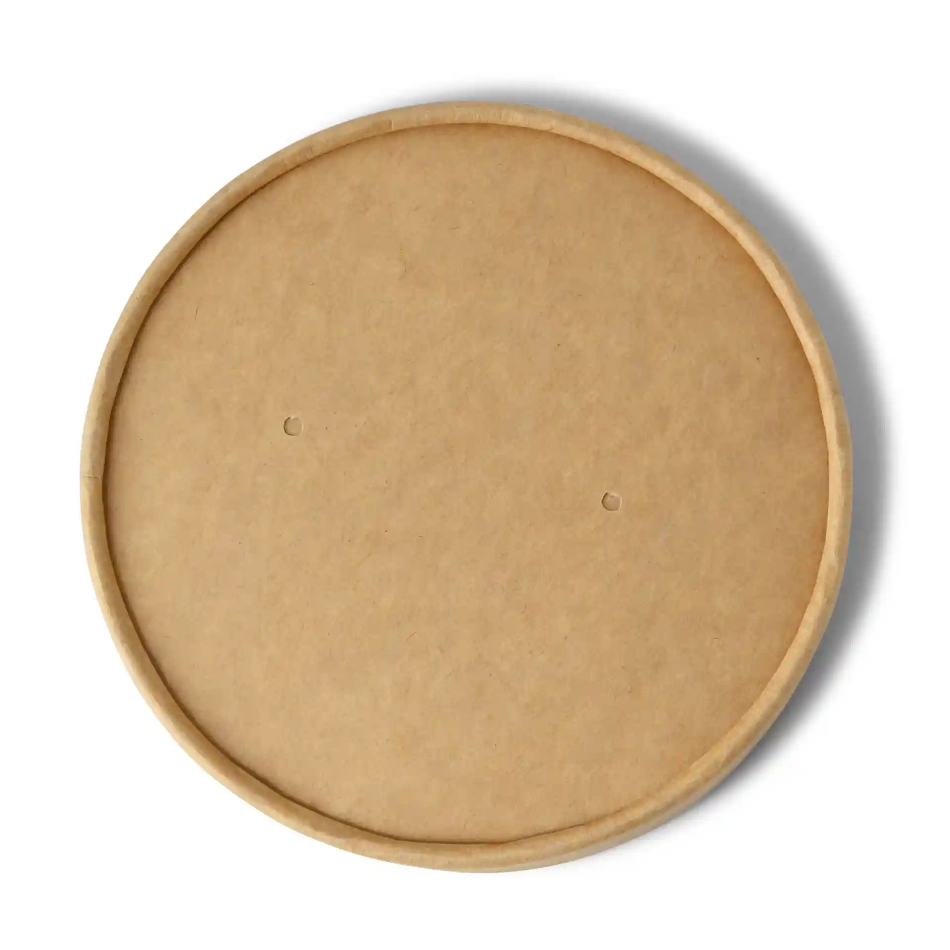Runder brauner Kartondeckel mit beschichteter Oberfläche und zwei kleinen Löchern oben.