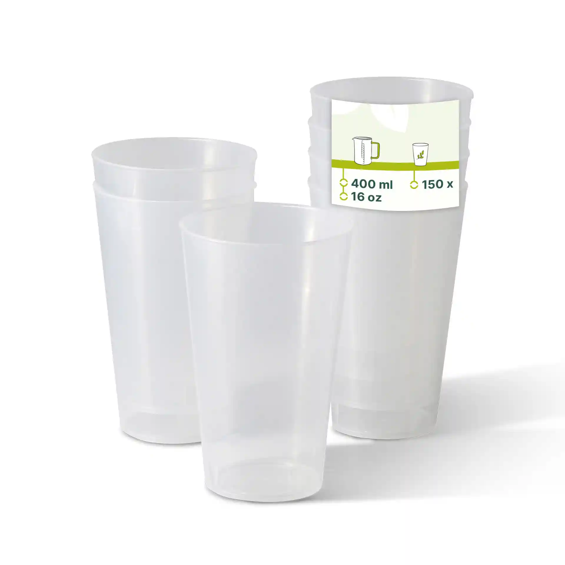 Transparent reusable cups stacked together, showing one upright and a label with volume and quantity details.