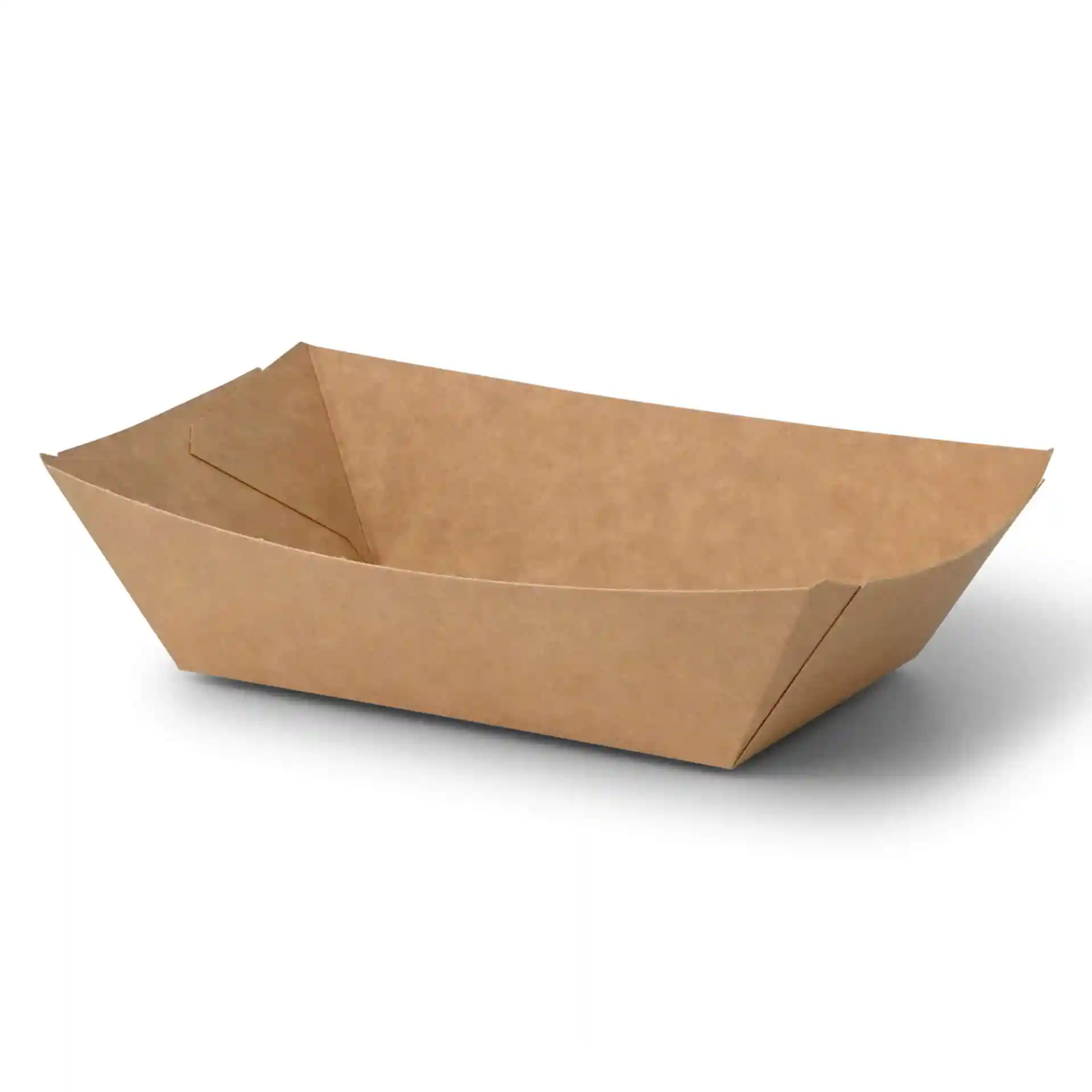 Brown rectangular cardboard snack bowl, 21.5 x 16 x 5 cm, with a depth of 5 cm.