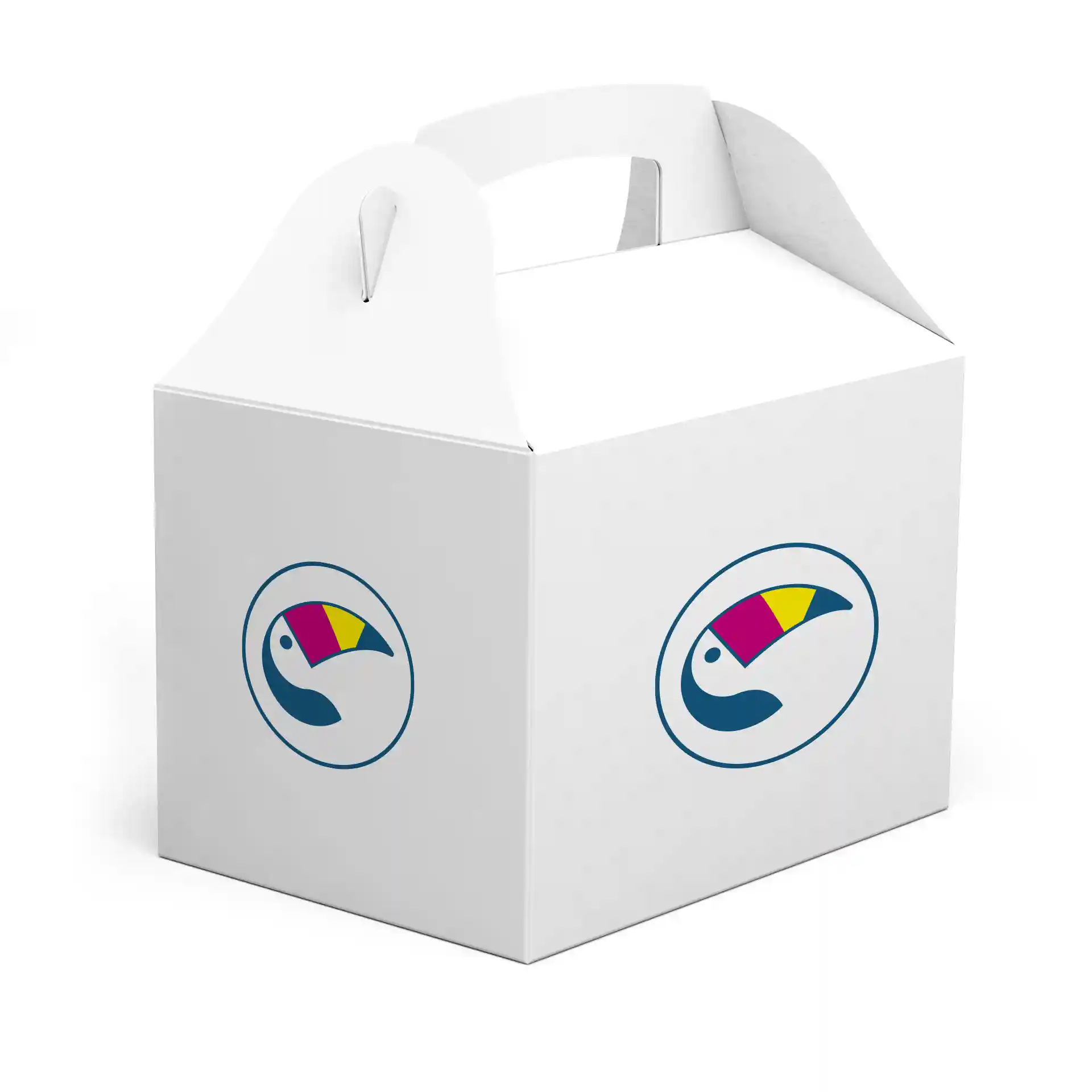 White lunch box with a handle, featuring a colorful bird logo on the front, measuring 20 x 14 x 14 cm.
