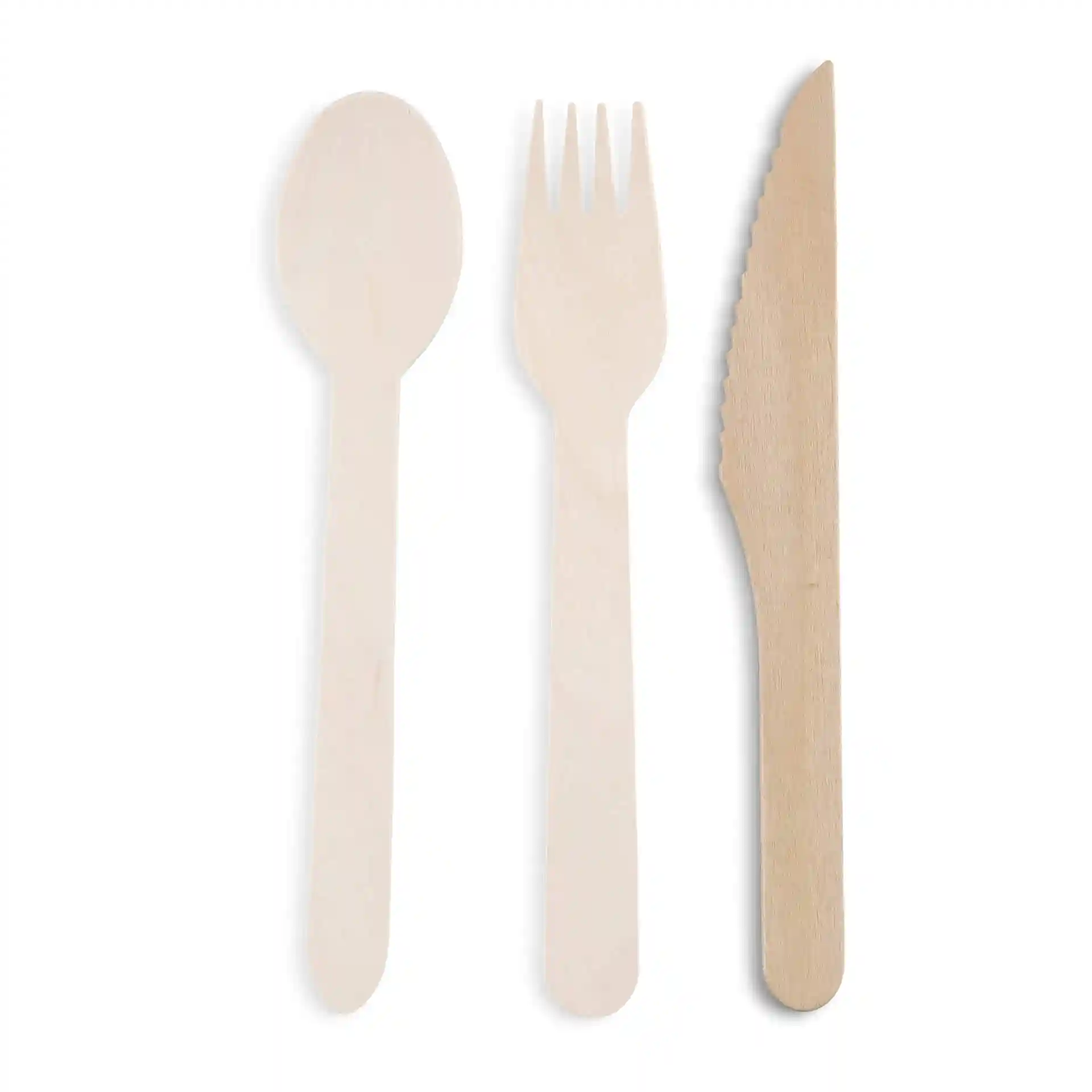 Set of wooden cutlery including a spoon, fork, and knife, all in a light wood color.