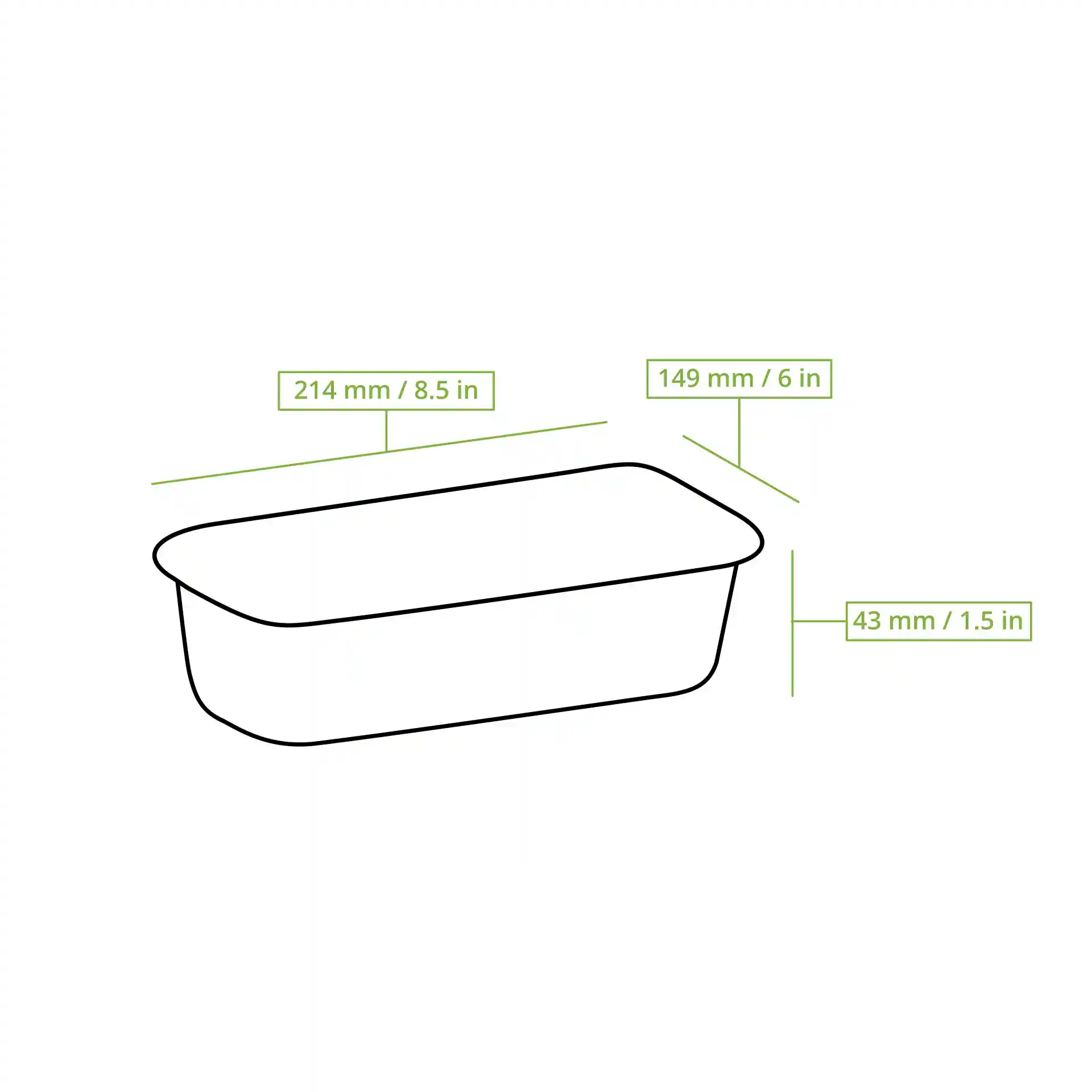 Schematische Zeichnung eines rechteckigen Aluminiumbehälters mit den Maßen 214 mm x 149 mm x 43 mm.