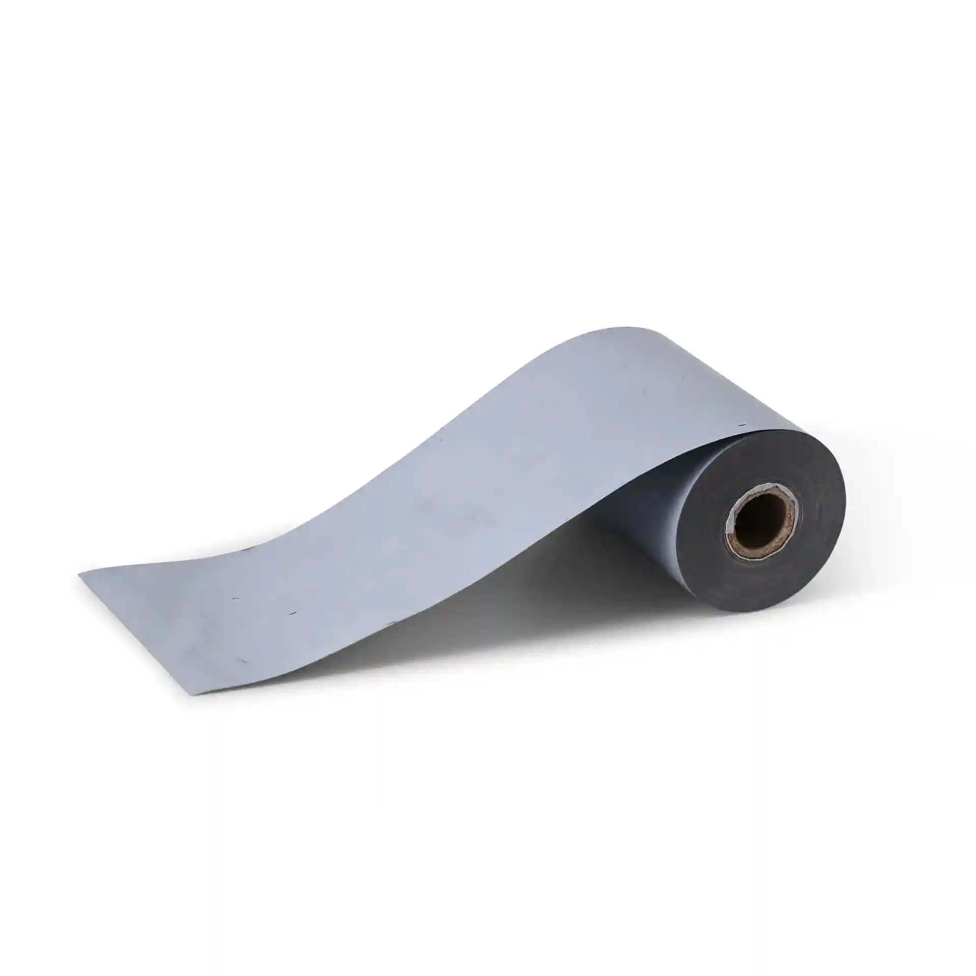 Grey thermal paper roll, 57 mm wide and 15 m long, with a 38 mm diameter core.