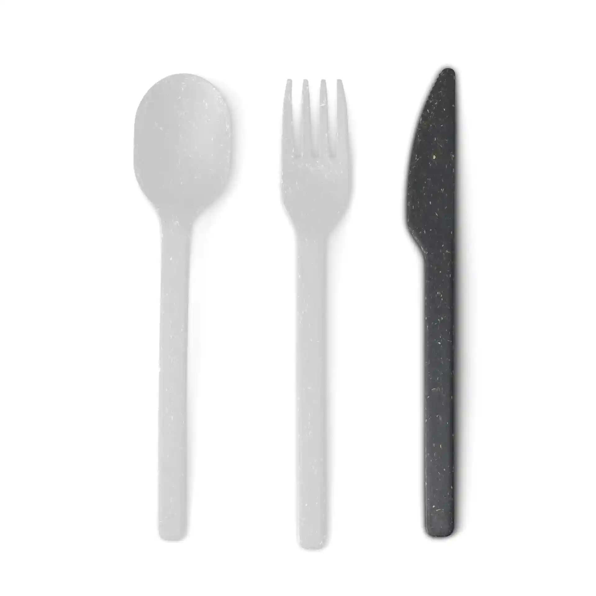 Image of a black reusable knife, a white spoon, and a white fork on a plain background.