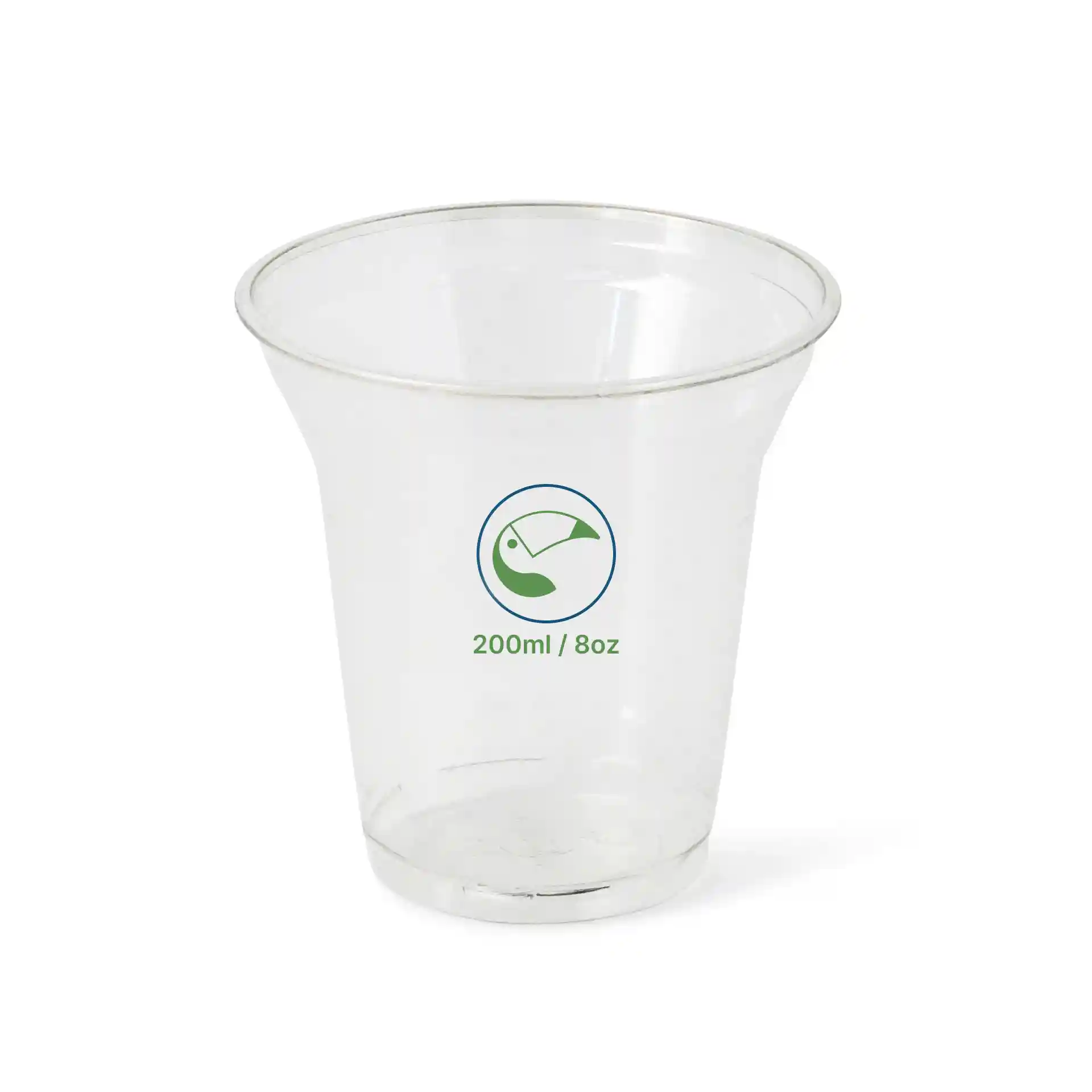 Klarer 8 oz rPET-Becher mit einer Höhe von 96 mm und einem Durchmesser von 95 mm, mit grünem Symbol und Volumenmarkierungen.