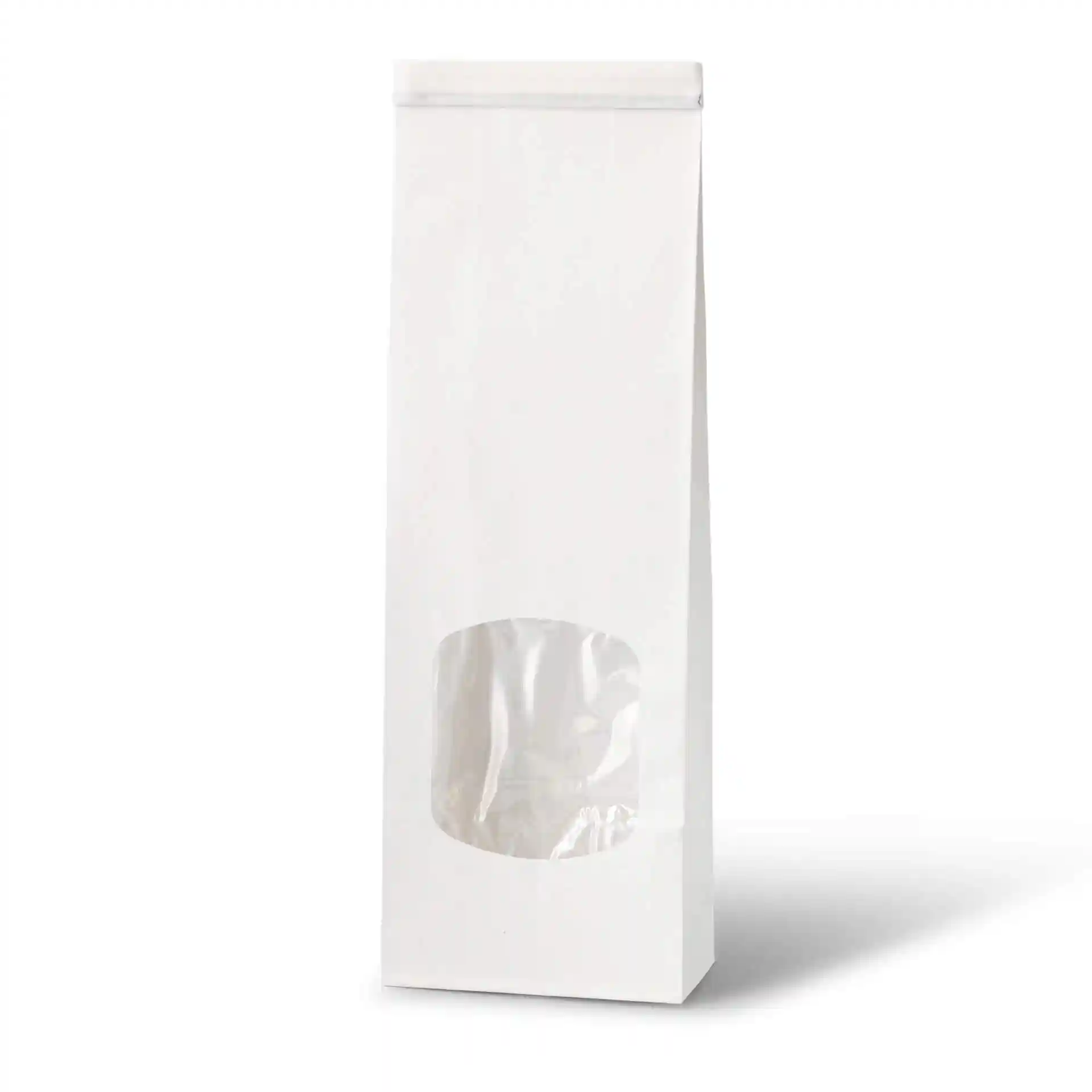 White block bottom bag with a transparent viewing window, measuring 9 x 4.5 x 26 cm, made of kraft paper.