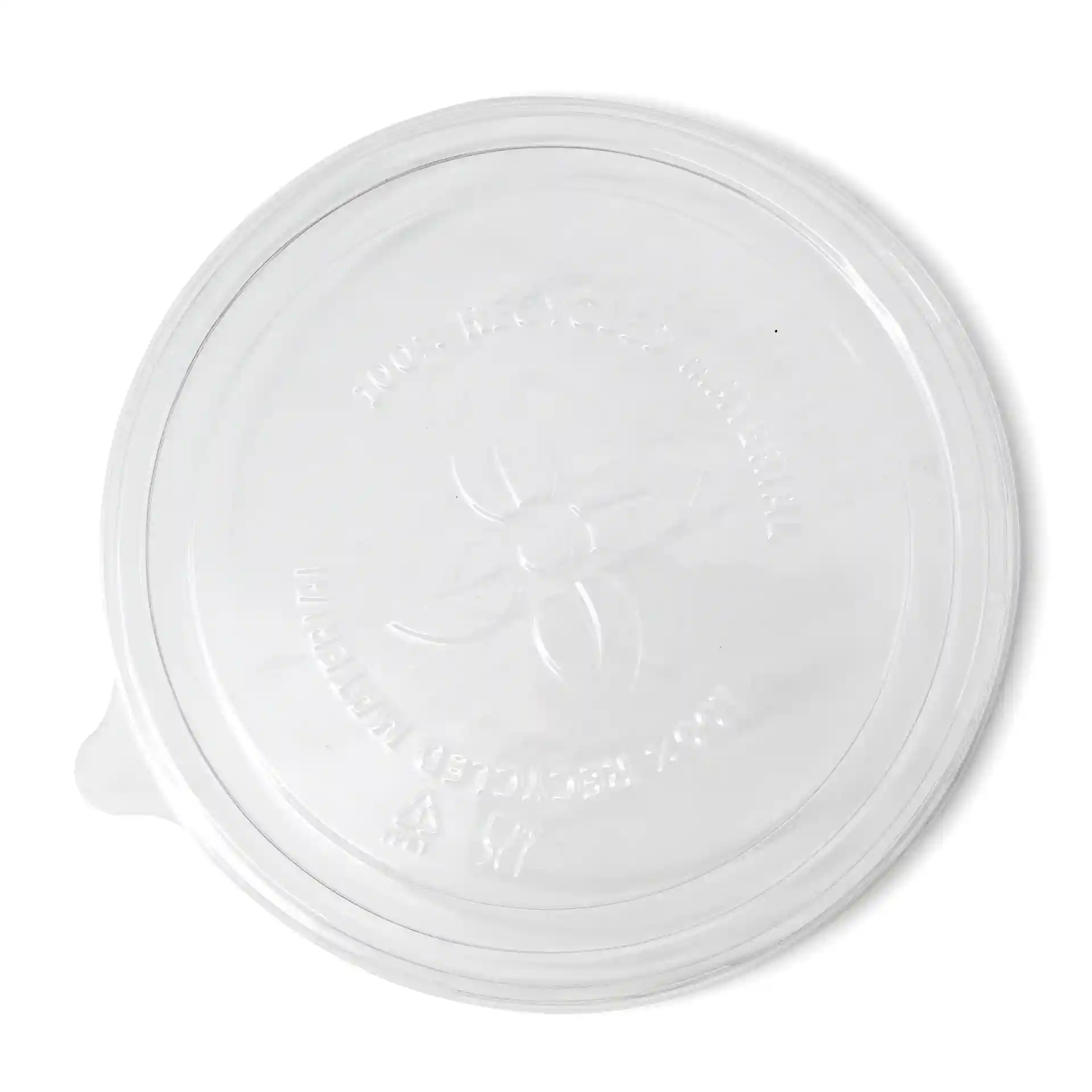 Transparent round cup lid made of rPET, measuring 150 mm in diameter.