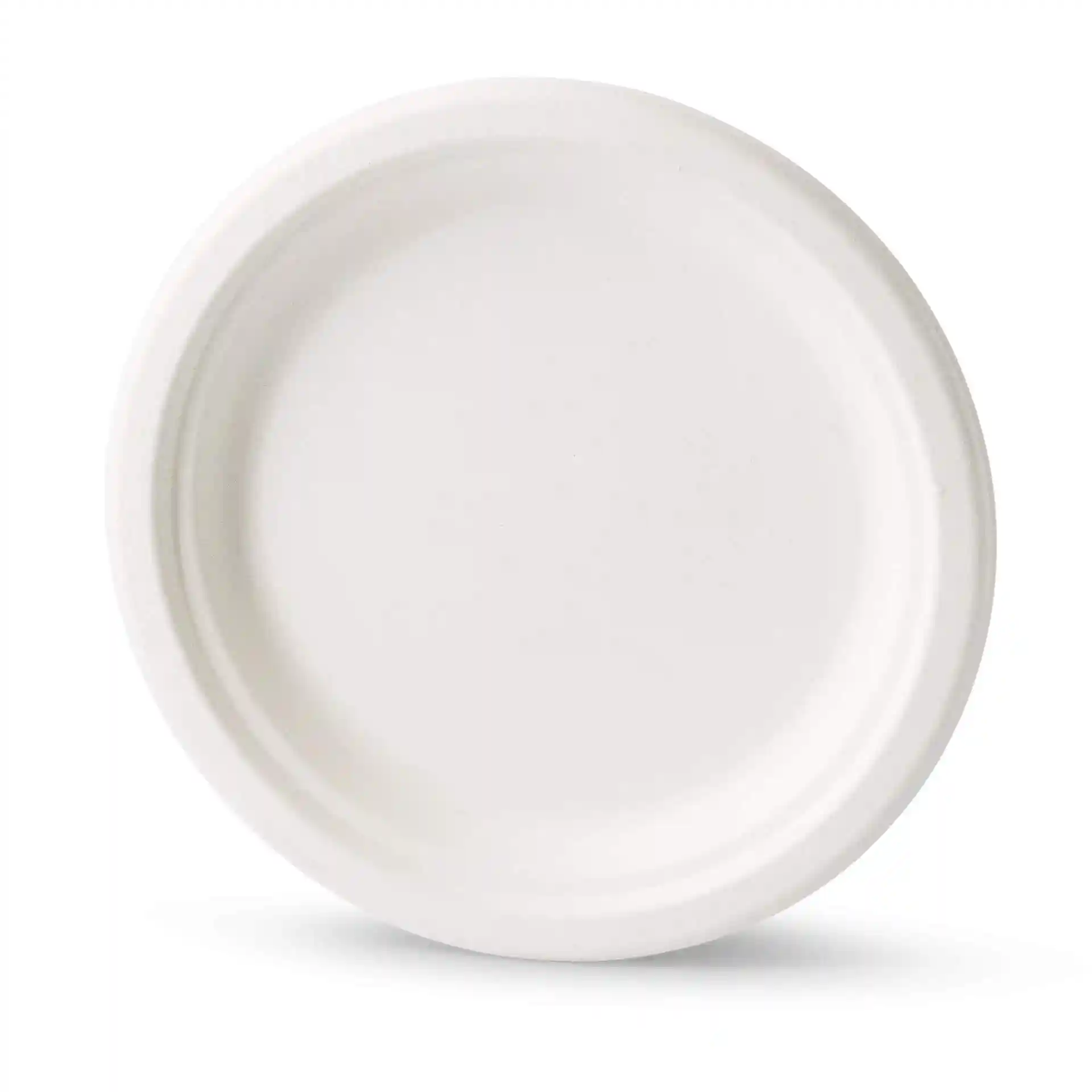 Round white sugarcane plate with a diameter of 22 cm and a height of 20 mm, featuring a smooth surface.
