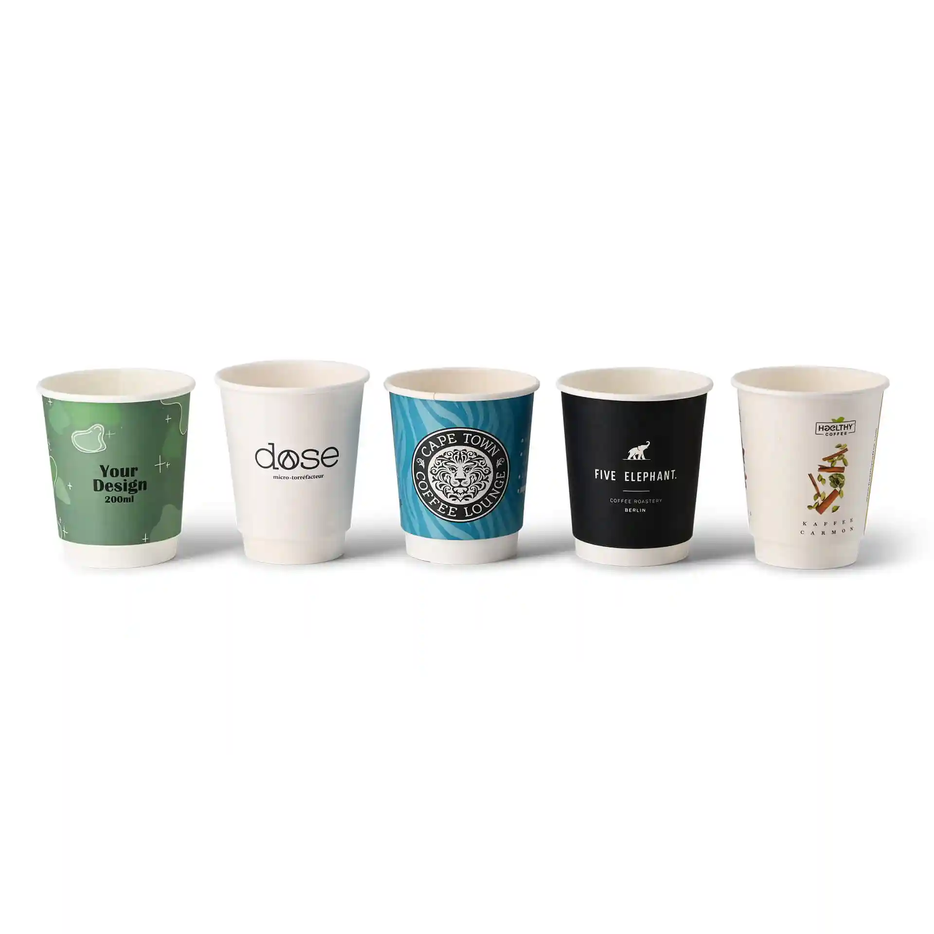 Image of five custom printed paper cups, each with different designs, on a white background.