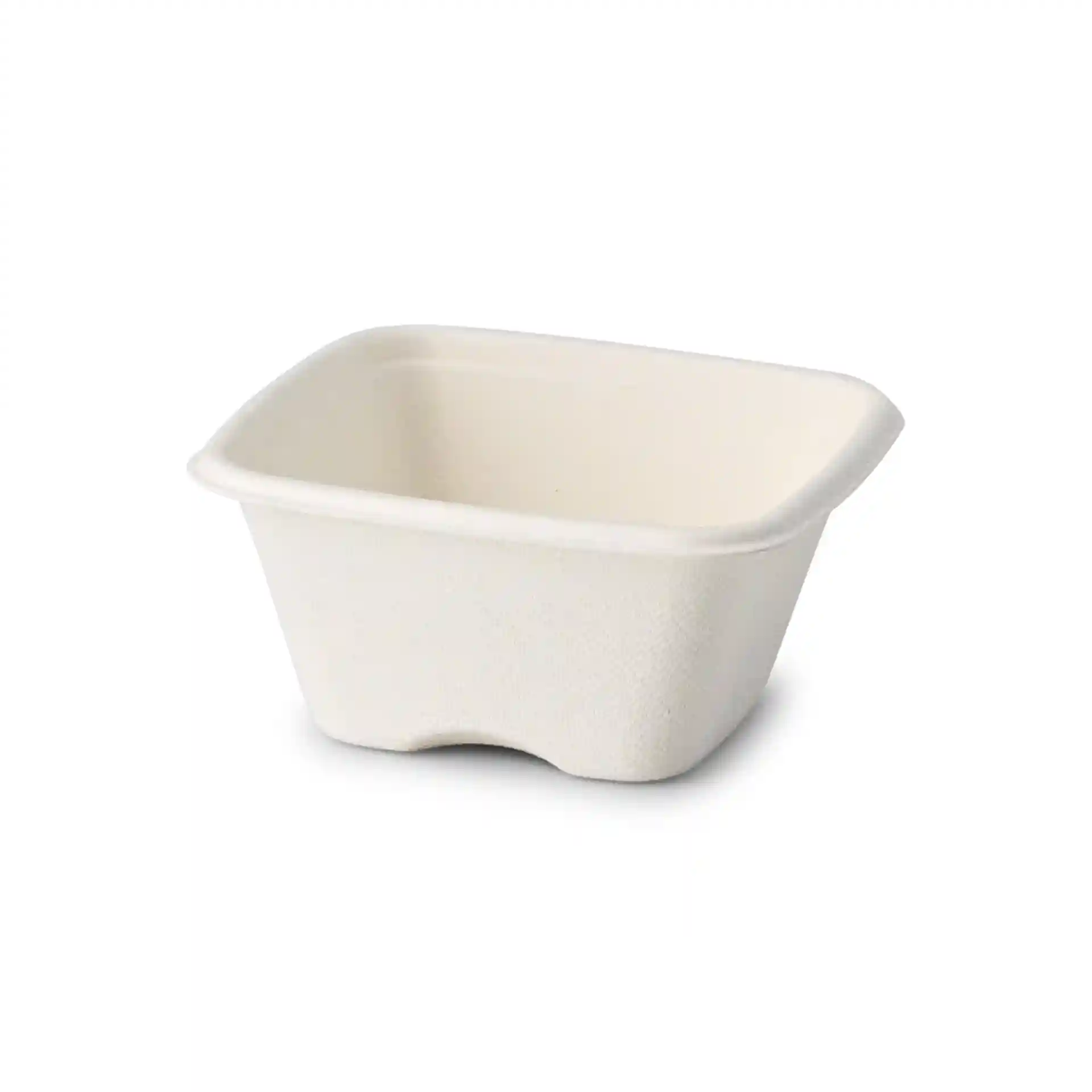 Weiße quadratische Bagasse-Portionsbecher, 100 ml, 81 x 81 x 37 mm, mit strukturierter Oberfläche.