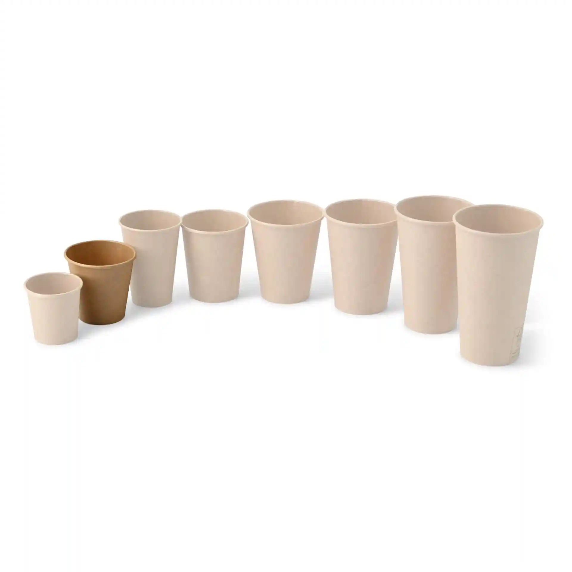 Set of eight round cardboard cups in various sizes, including one brown cup, displayed on a white background.