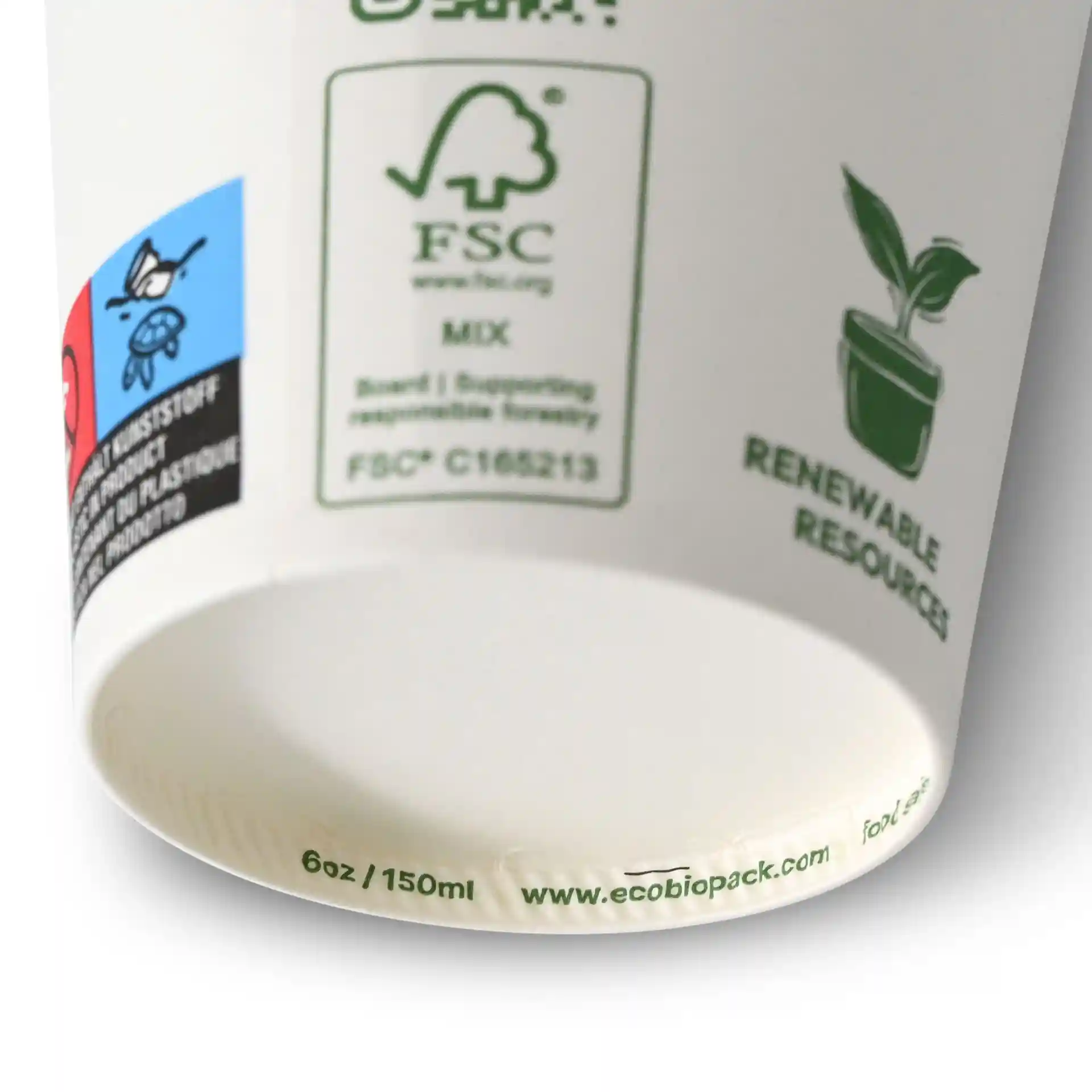 Weißer Becher mit einem Durchmesser von 80 mm, mit verschiedenen Symbolen und Markierungen auf der Oberfläche.