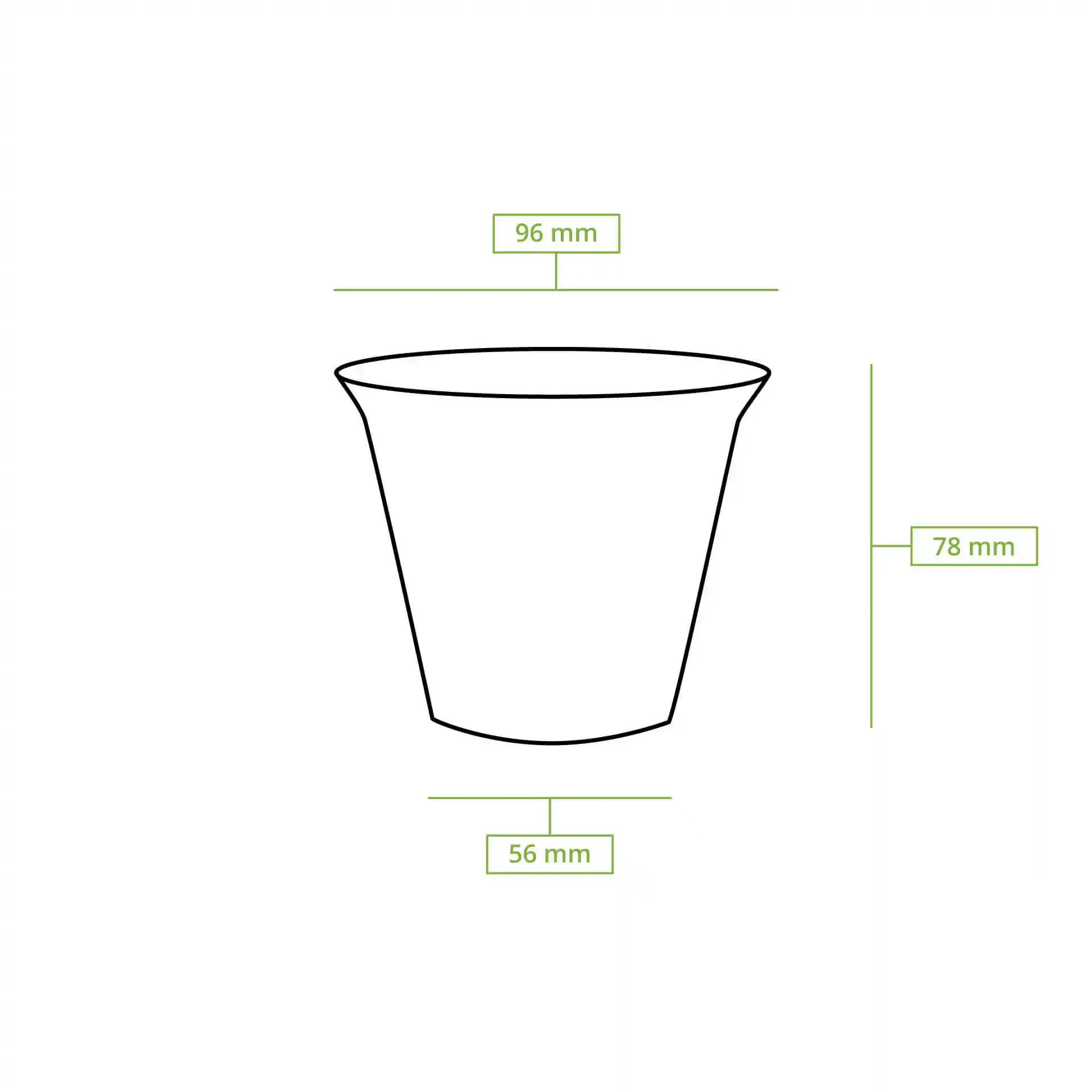 Schematische Zeichnung eines 8 oz Smoothie-Bechers mit Abmessungen: oberer Durchmesser 96 mm, Höhe 78 mm, unterer Durchmesser 56 mm.