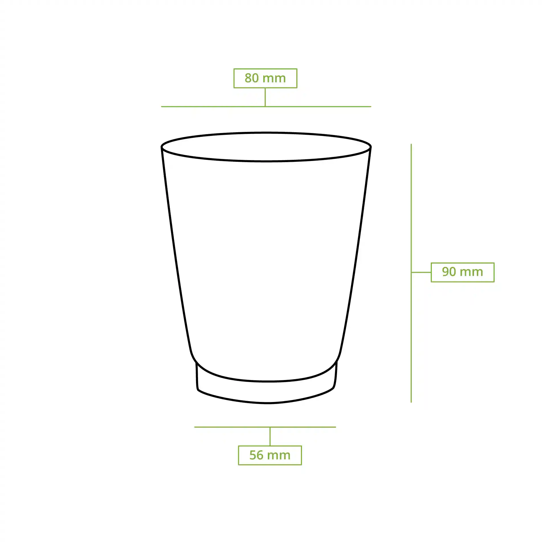 Schematic drawing of a round ripple coffee cup with dimensions: 80 mm top diameter, 56 mm bottom diameter, and 90 mm height.
