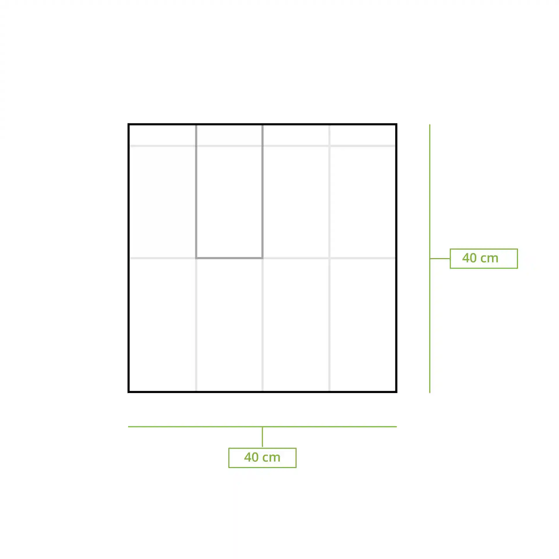 Schematic drawing of a square with grid lines and dimension lines indicating 40 cm on each side.