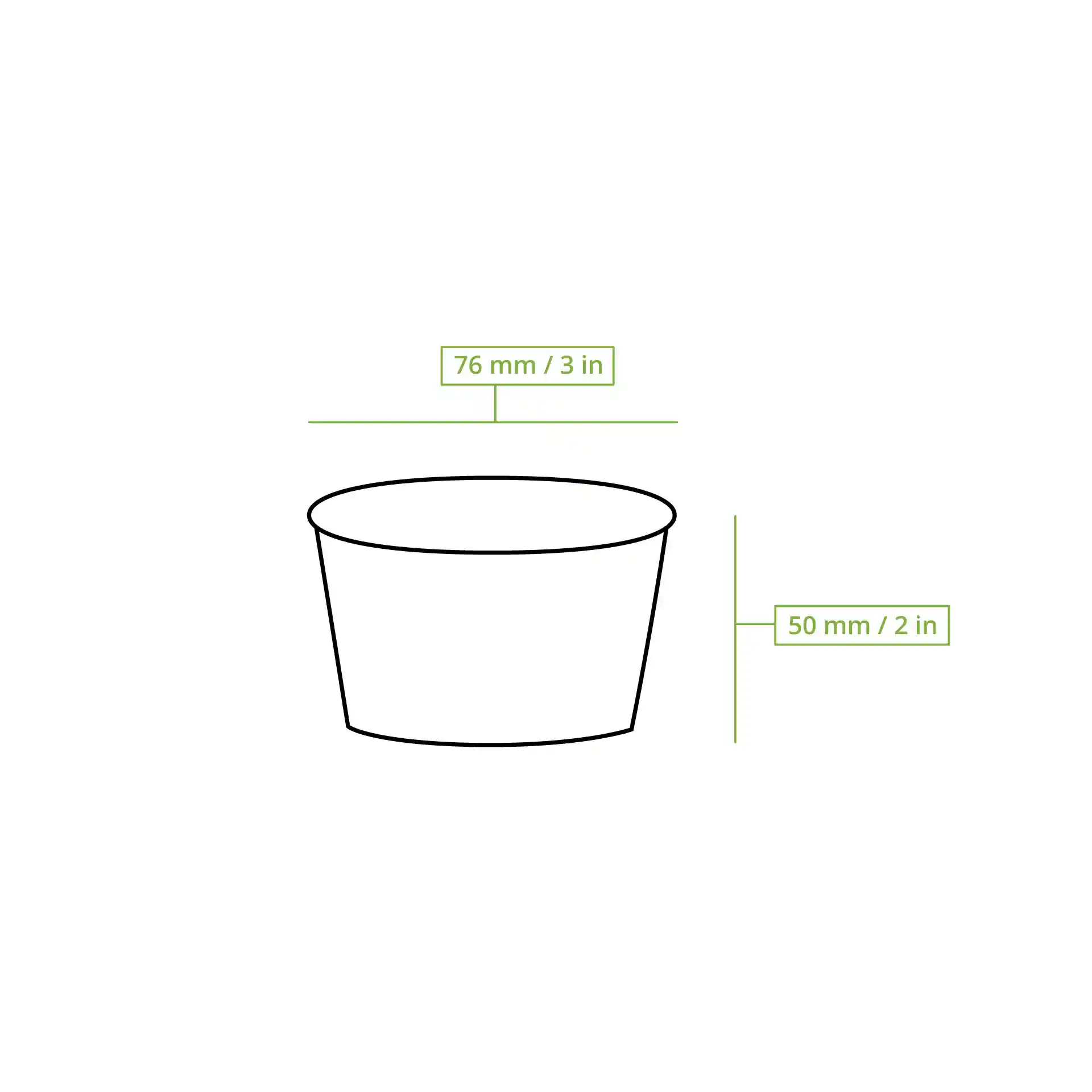 Schematische Zeichnung eines Pappbechers für Eis mit einem Durchmesser von 76 mm und einer Höhe von 50 mm.
