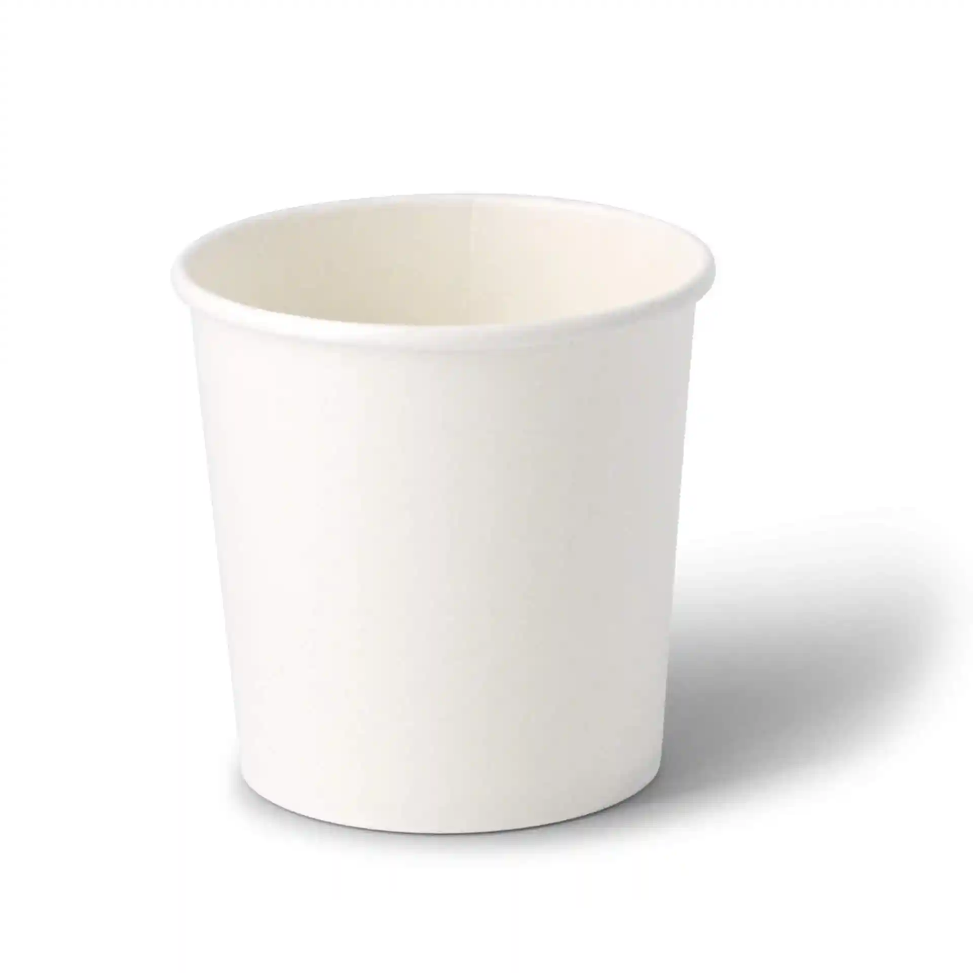 Weißer Papiereisbecher mit runder Form, 90 mm Höhe und 92 mm Durchmesser.