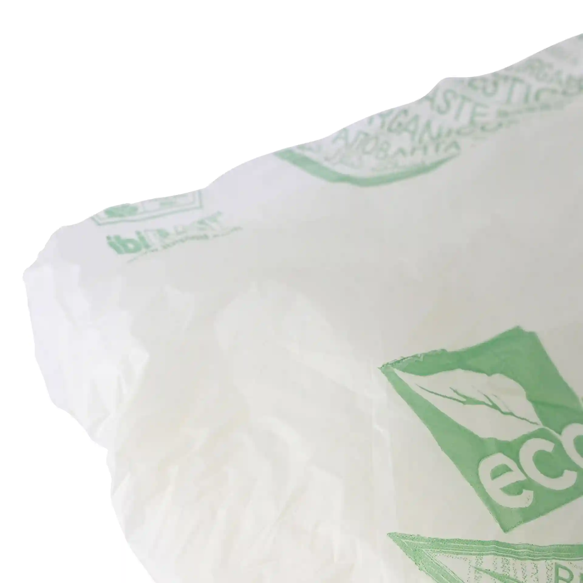 Transparent bio bin bag made of PLA, measuring 42x42 cm, with green printed markings.