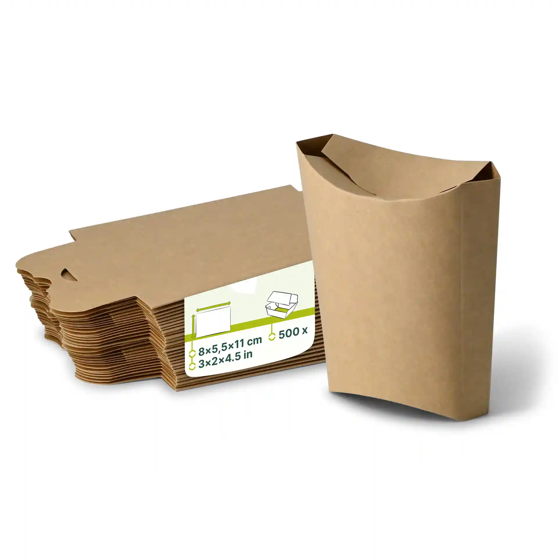Brown cardboard chip scoops stacked with one upright, showing dimensions and quantity label.