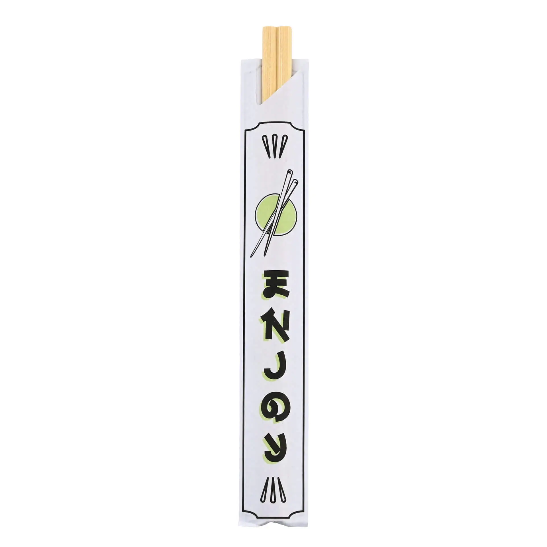 Bamboo chopsticks in a hygienic paper case, suitable for Asian takeaway and noodle boxes, measuring 20 cm long.