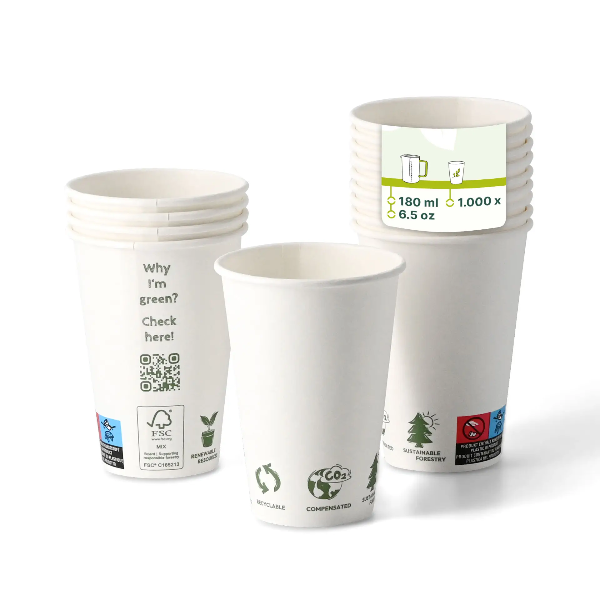 Automaten Becher "EcoUp©"- Icons, 180 ml / 7,5 oz, Ø 70 mm, einwandig, weiß, PLA-beschichtet