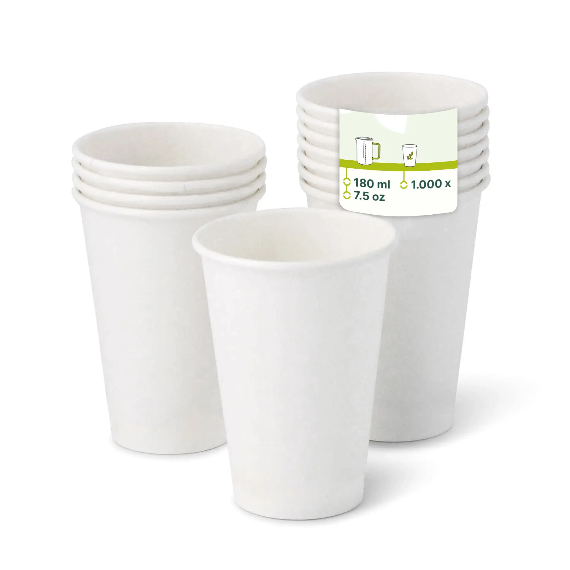 White single wall vending cups stacked, with one cup in front showing a label and dimensions. Each cup holds 180 ml.