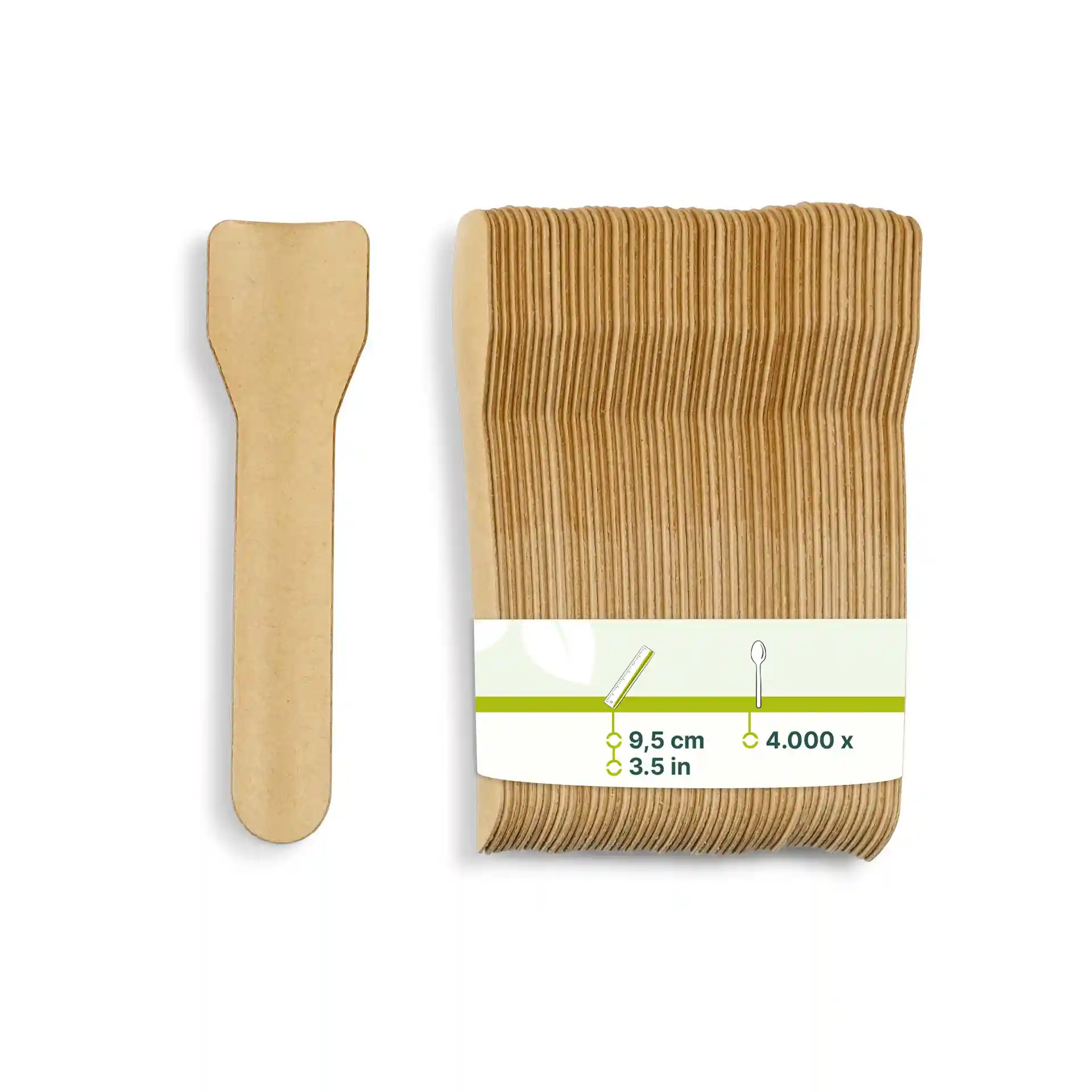 Brown paper ice cream spoon, 9.5 cm long, with a stack of multiple spoons shown beside it.