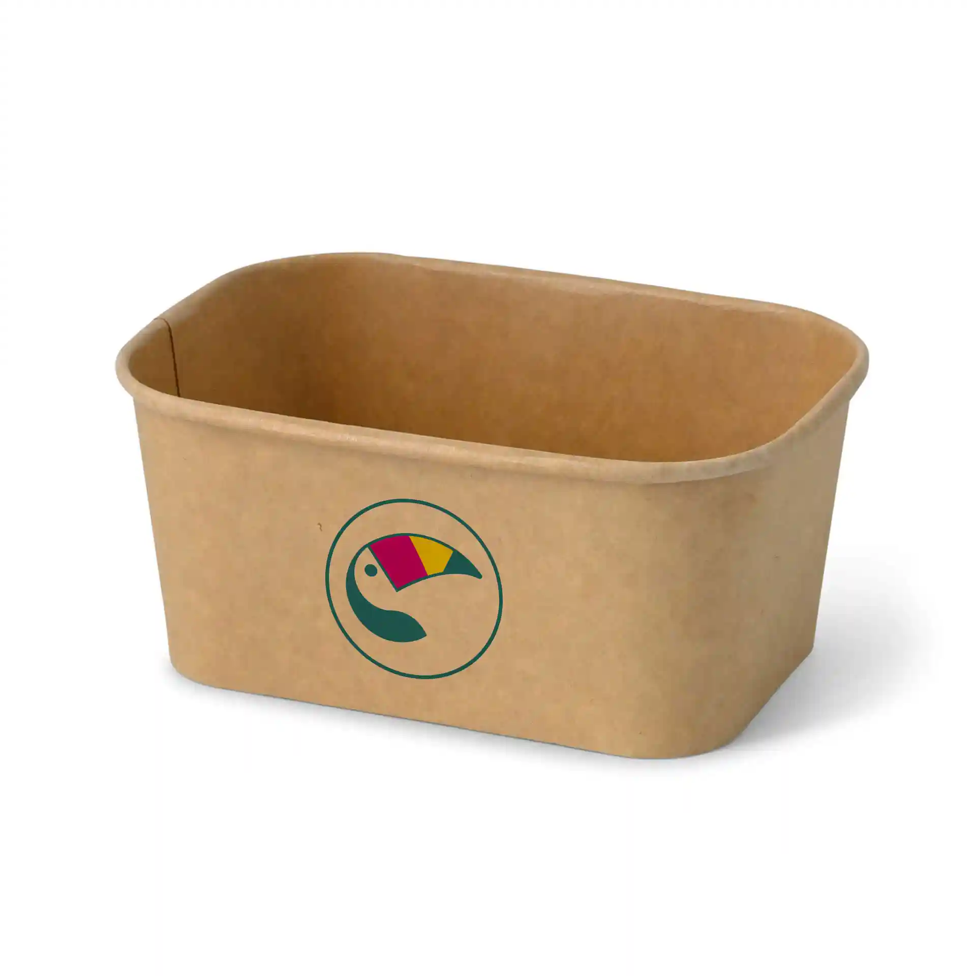 Rectangular brown salad bowl with a toucan logo, measuring 172 mm long, 124 mm wide, and 77 mm high.