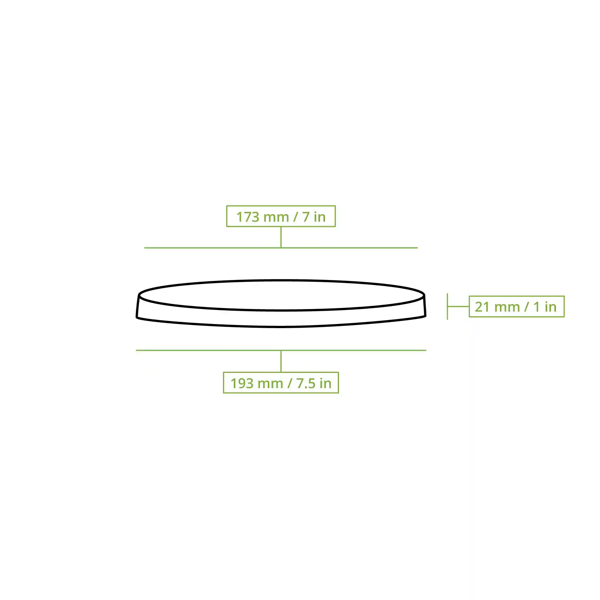 Schematic drawing of a round cup lid with dimensions, showing a diameter of 173 mm and height of 21 mm.