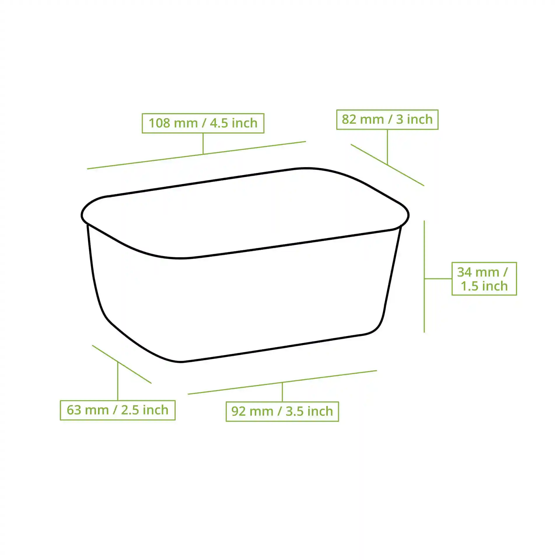 Schematic drawing of a rectangular food container with dimension lines indicating height, length, and width.