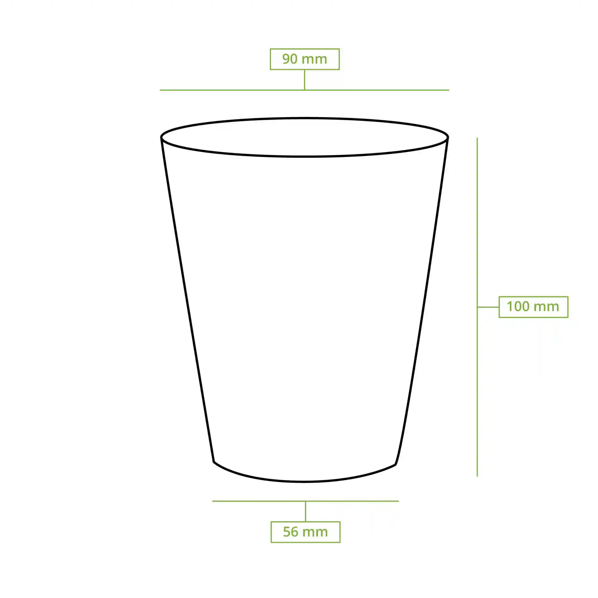 Schematic drawing of a round cup with dimensions: height 95 mm, top diameter 90 mm, bottom diameter 60 mm.