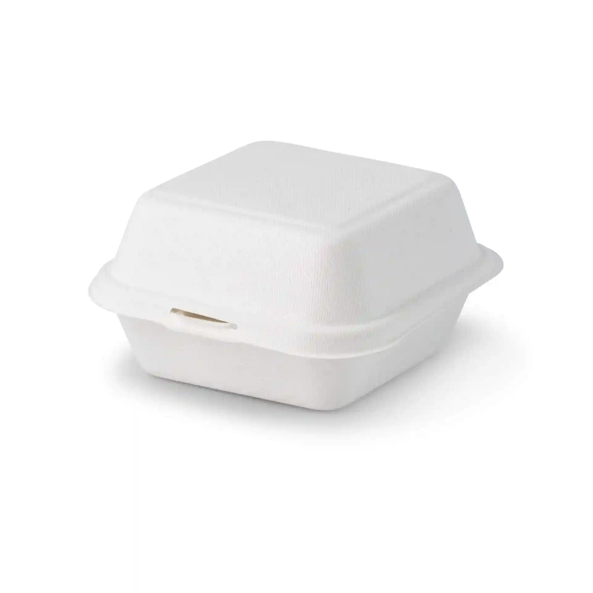 White sugarcane burger box with a square shape, measuring 15 x 15 x 8 cm, featuring a hinged lid.
